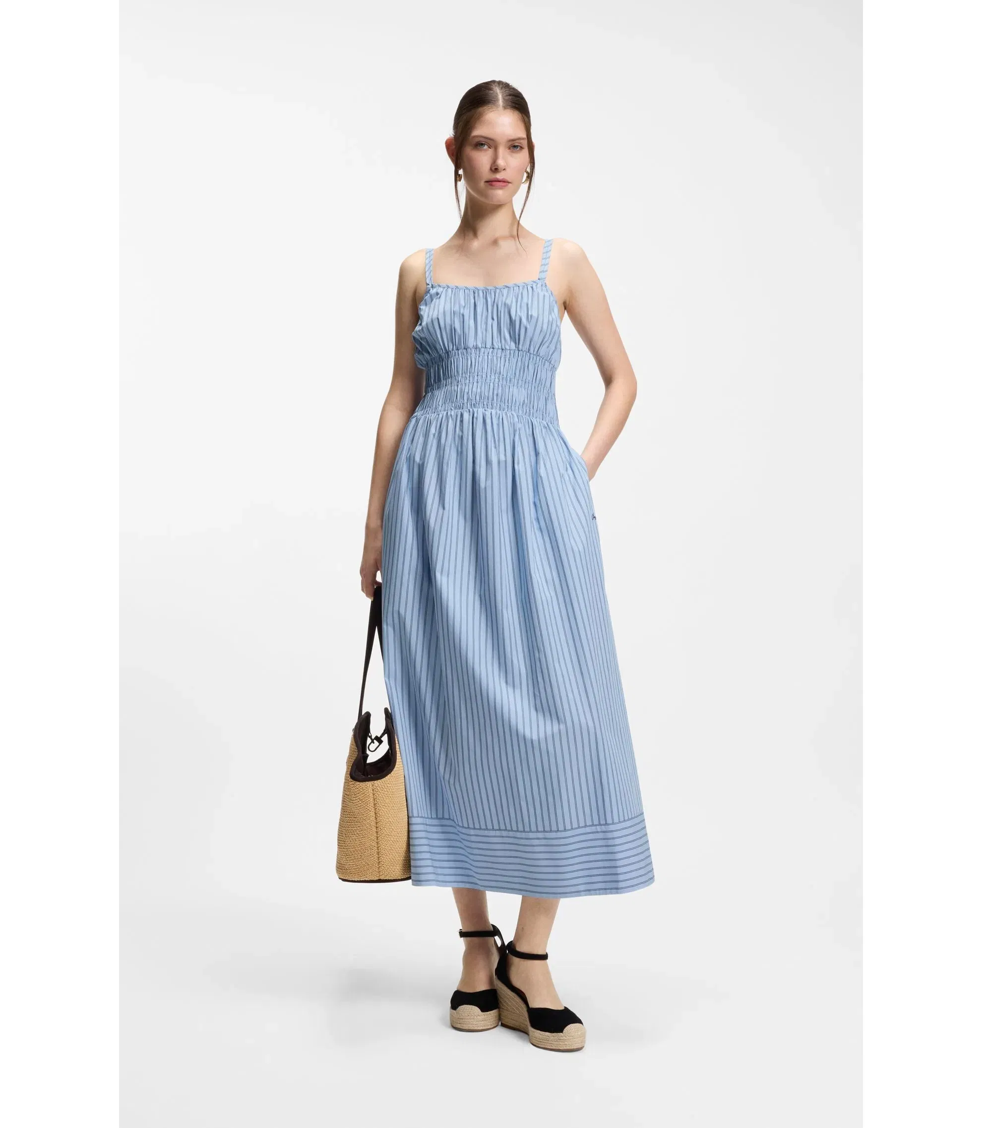 Boss Cotton Poplin Dress With Vertical Stripe Patterned Women's