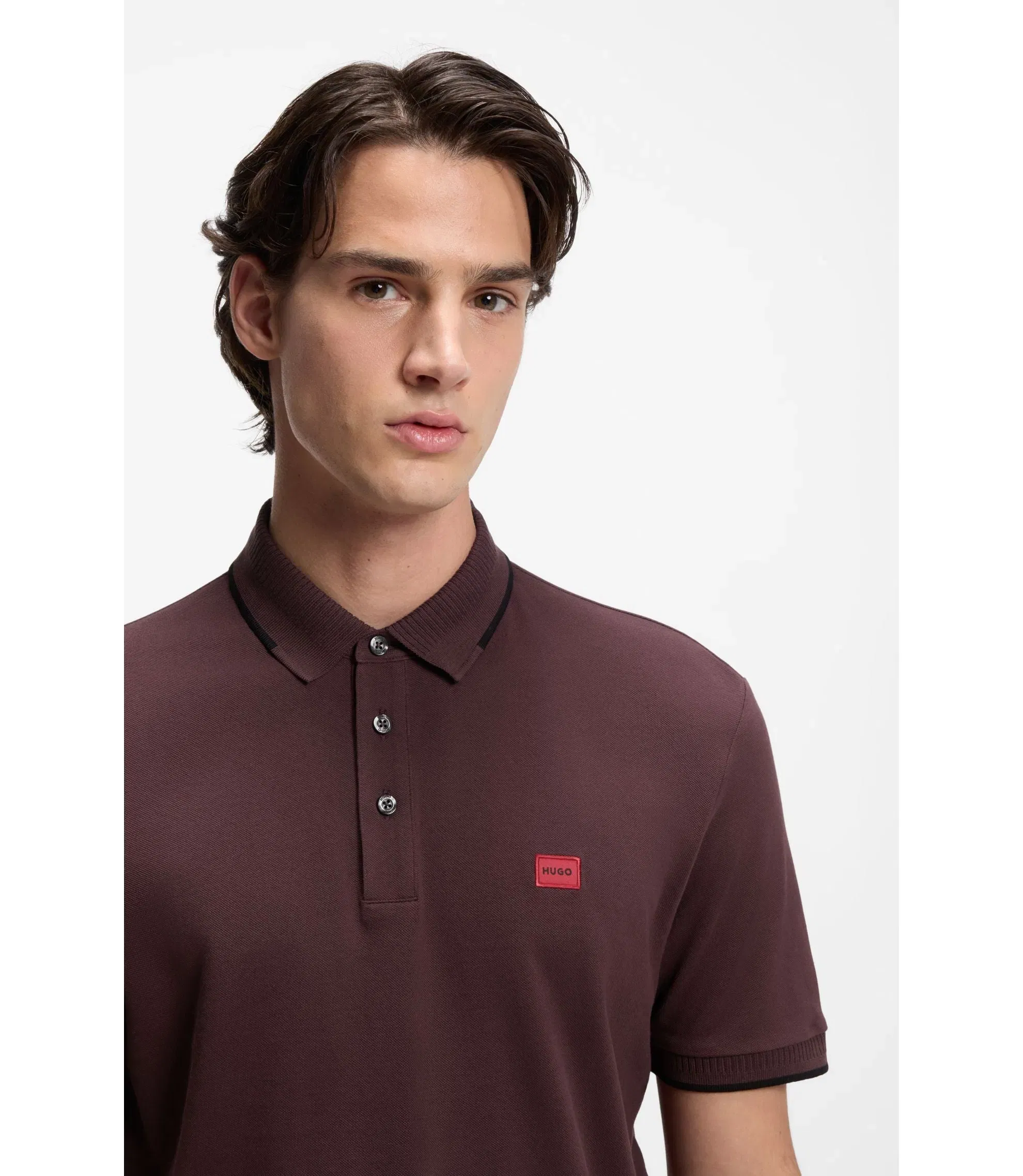 Hugo Cotton Piqu Slim Fit Polo Shirt With Red Logo Label Light Brown
