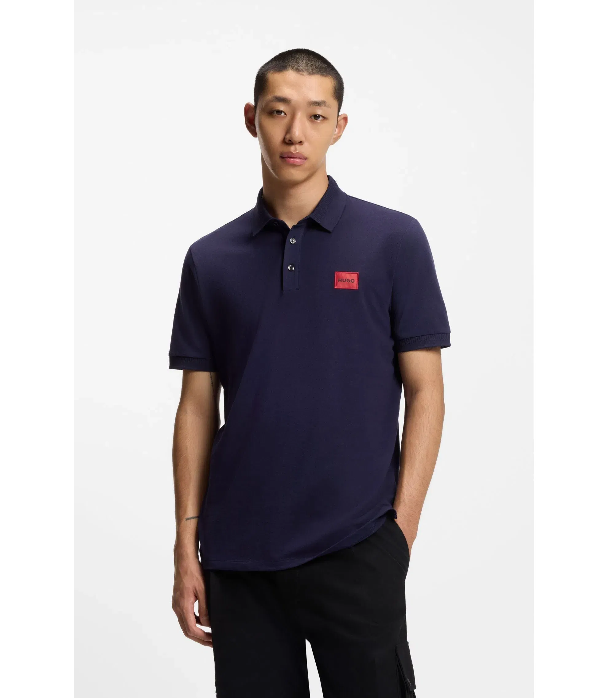 Hugo Cotton Piqu Slim Fit Polo Shirt With Red Logo Label Dark Blue