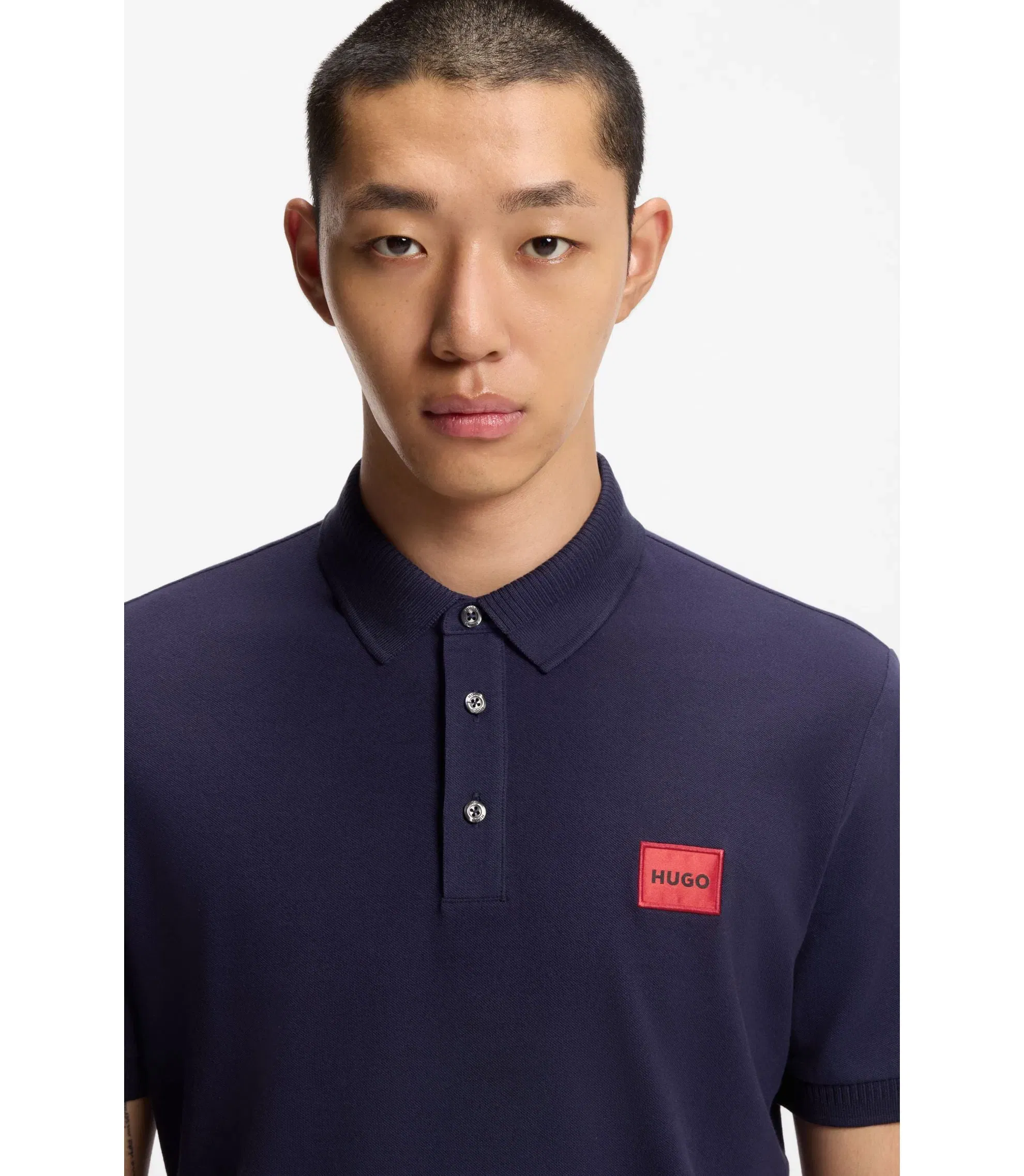 Hugo Cotton Piqu Slim Fit Polo Shirt With Red Logo Label Dark Blue