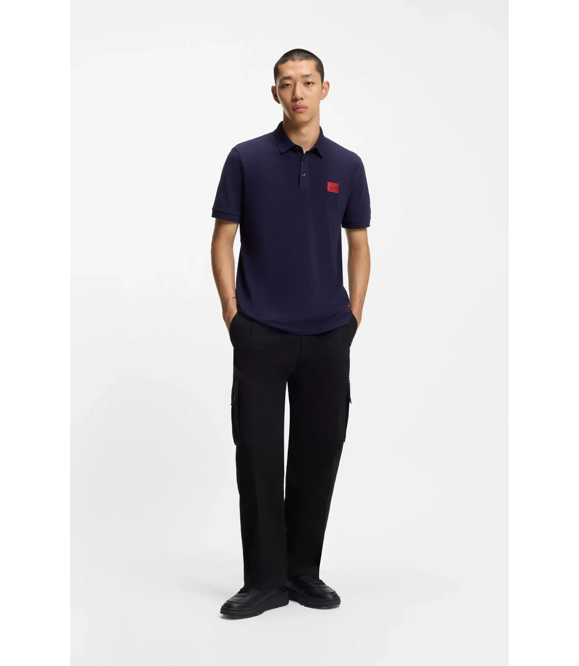 Hugo Cotton Piqu Slim Fit Polo Shirt With Red Logo Label Dark Blue