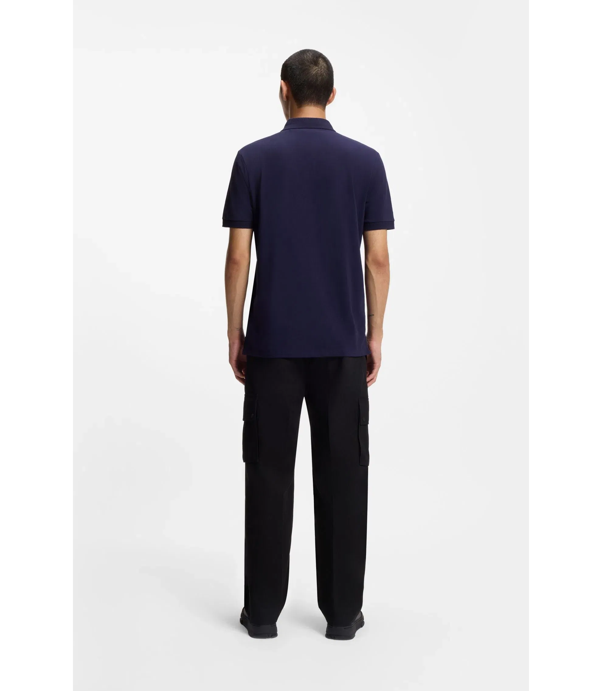 Hugo Cotton Piqu Slim Fit Polo Shirt With Red Logo Label Dark Blue