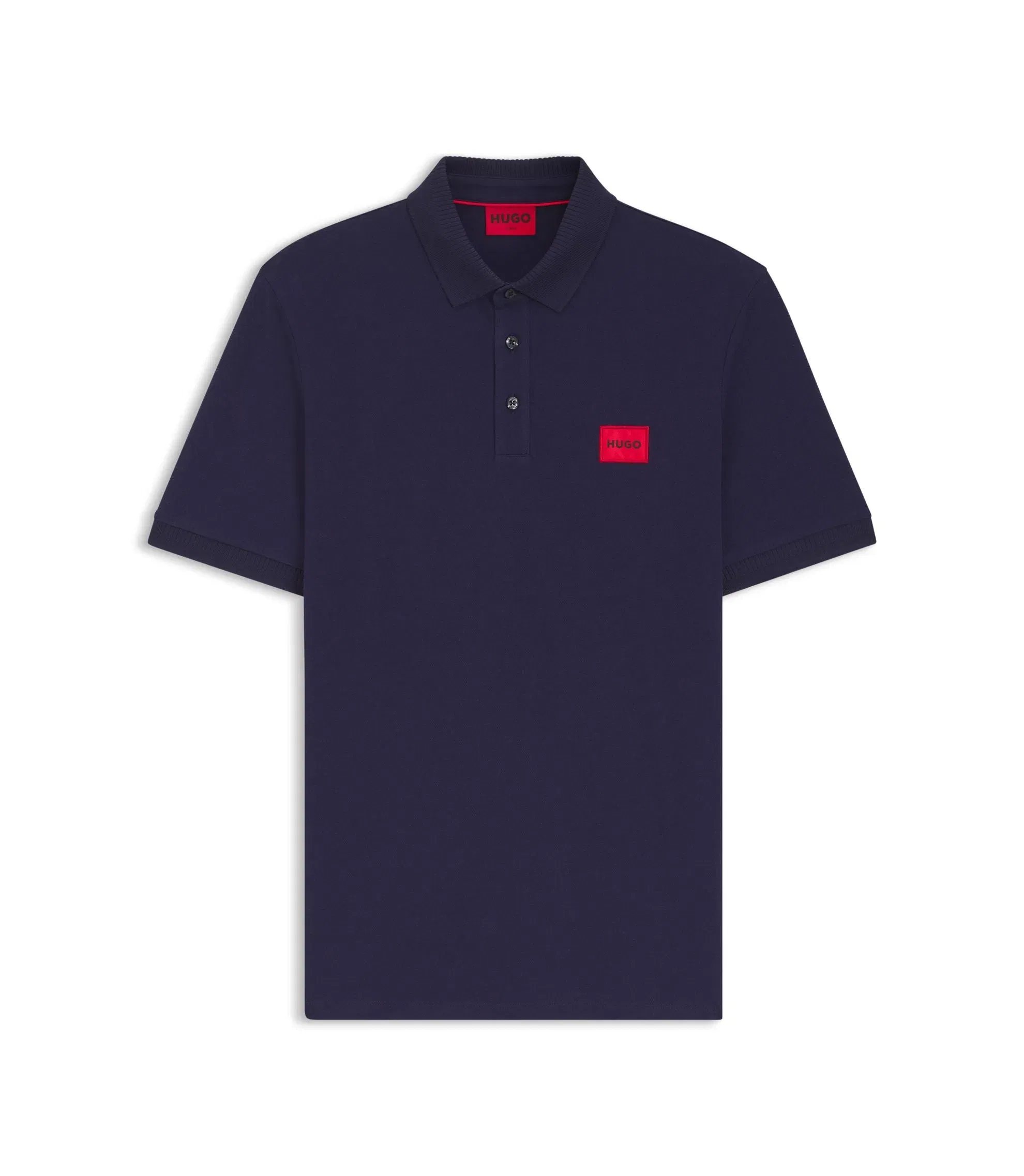 Hugo Cotton Piqu Slim Fit Polo Shirt With Red Logo Label Dark Blue