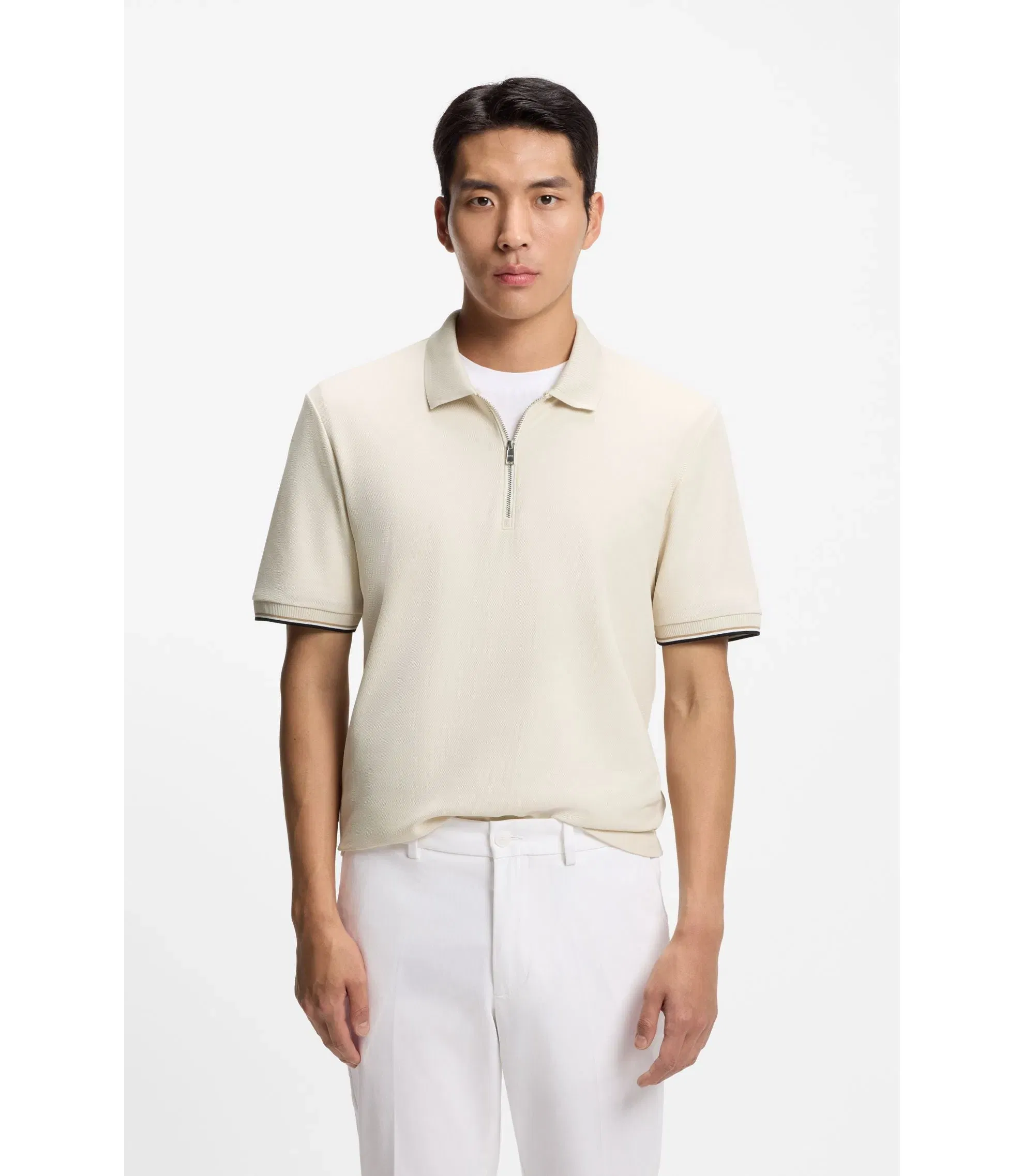 Boss Cotton Piqu Polo Shirt With Zip Neck White
