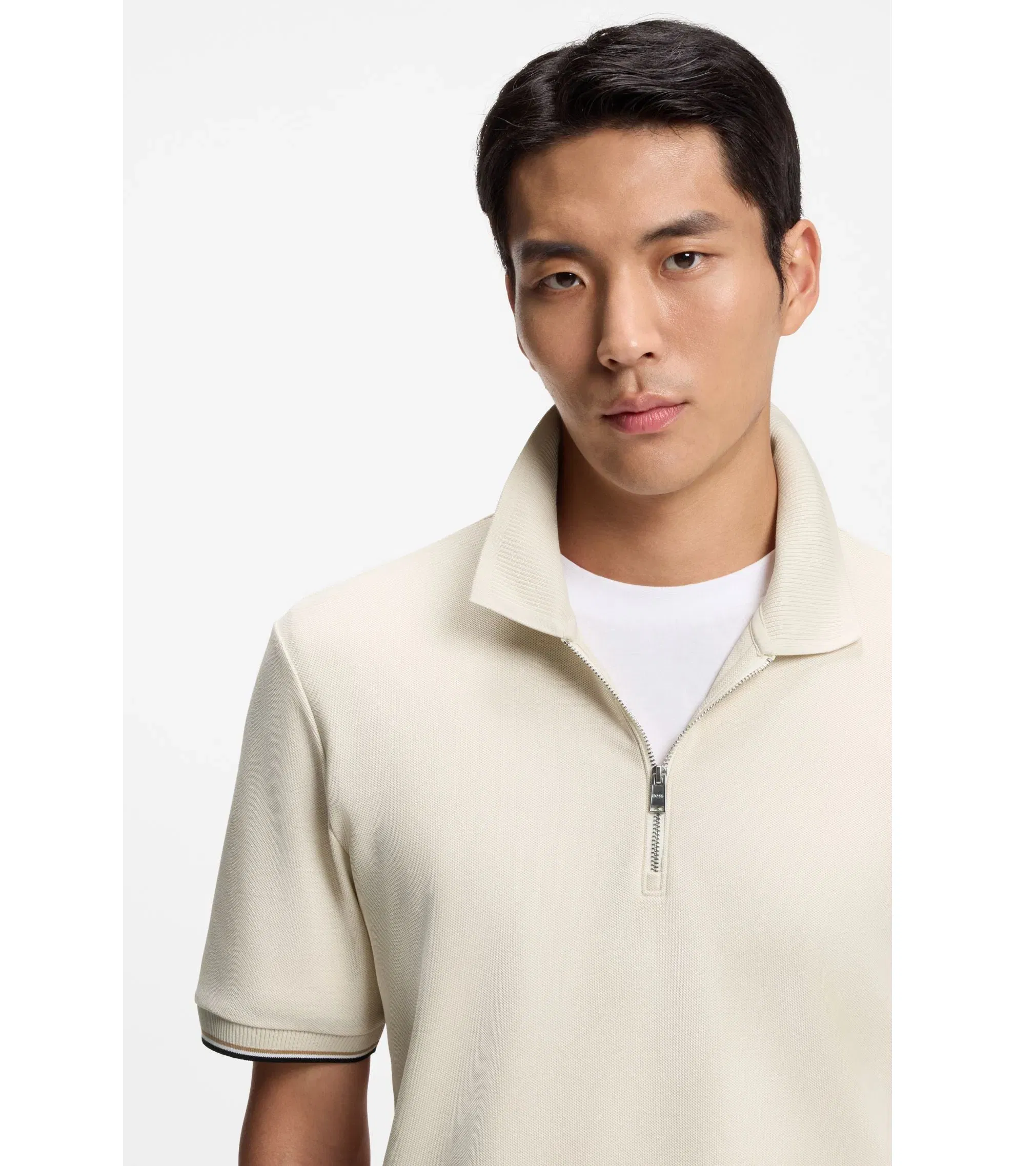 Boss Cotton Piqu Polo Shirt With Zip Neck White