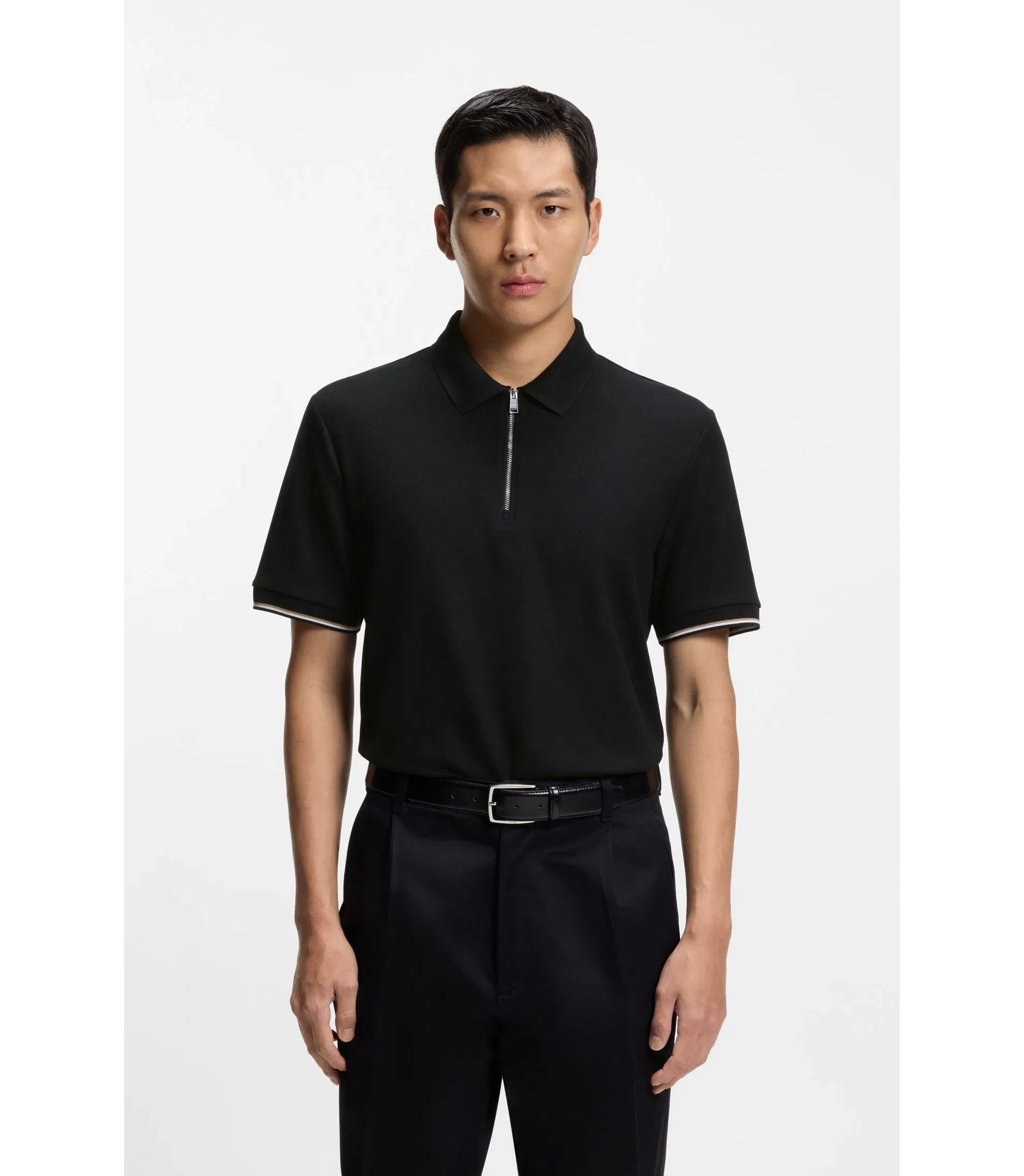 Boss Cotton Piqu Polo Shirt With Zip Neck Black