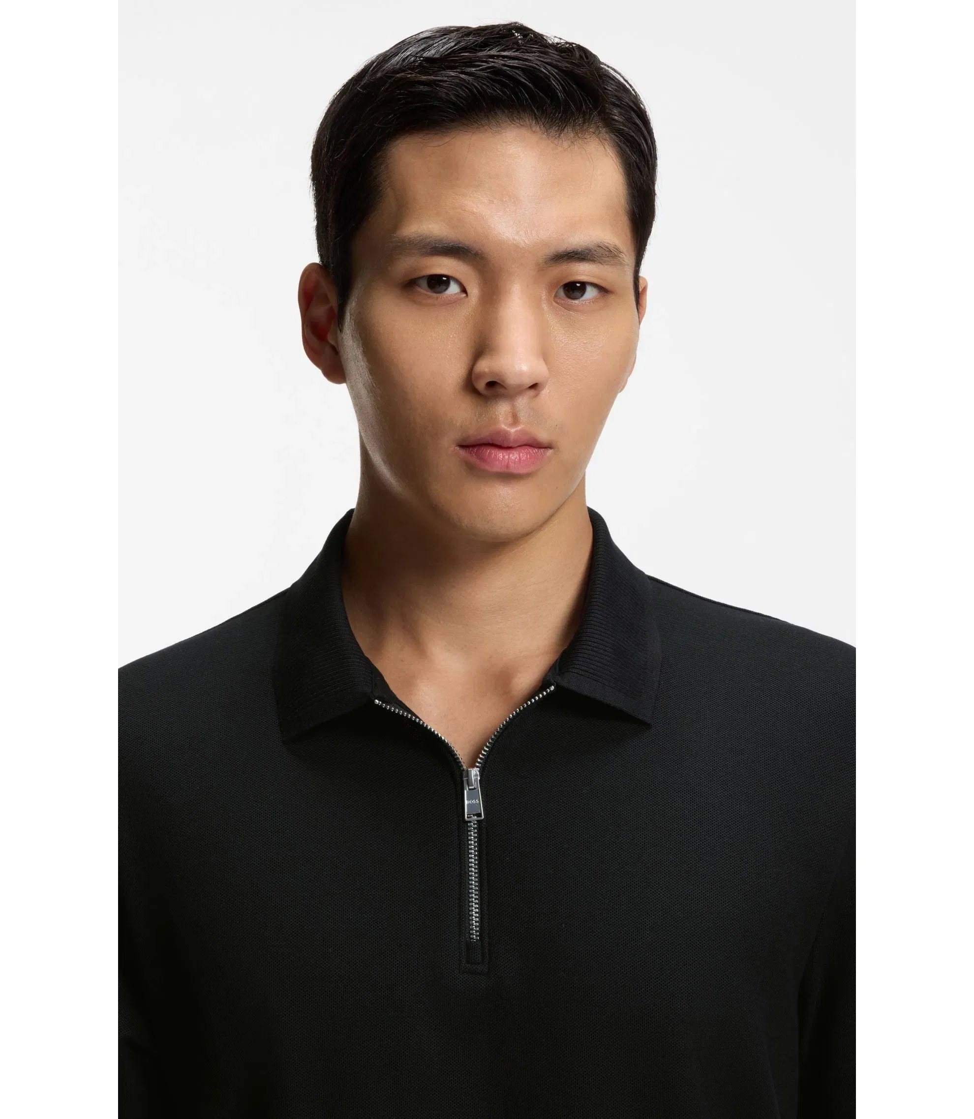 Boss Cotton Piqu Polo Shirt With Zip Neck Black
