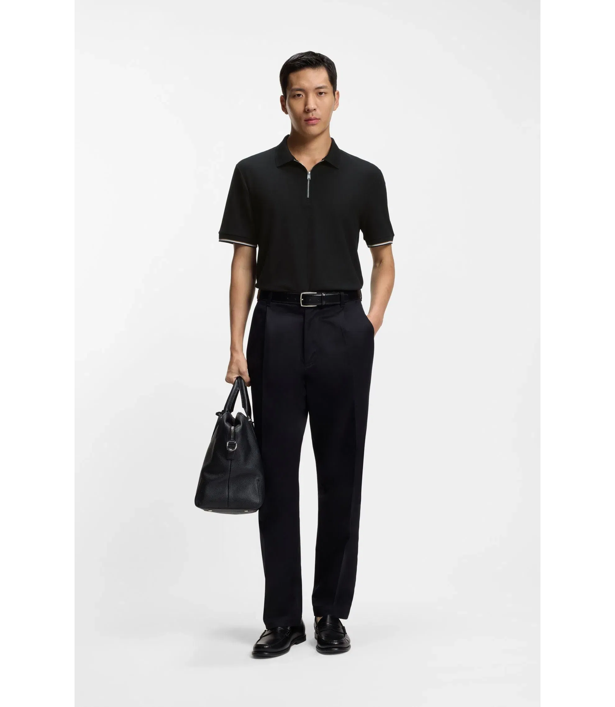 Boss Cotton Piqu Polo Shirt With Zip Neck Black