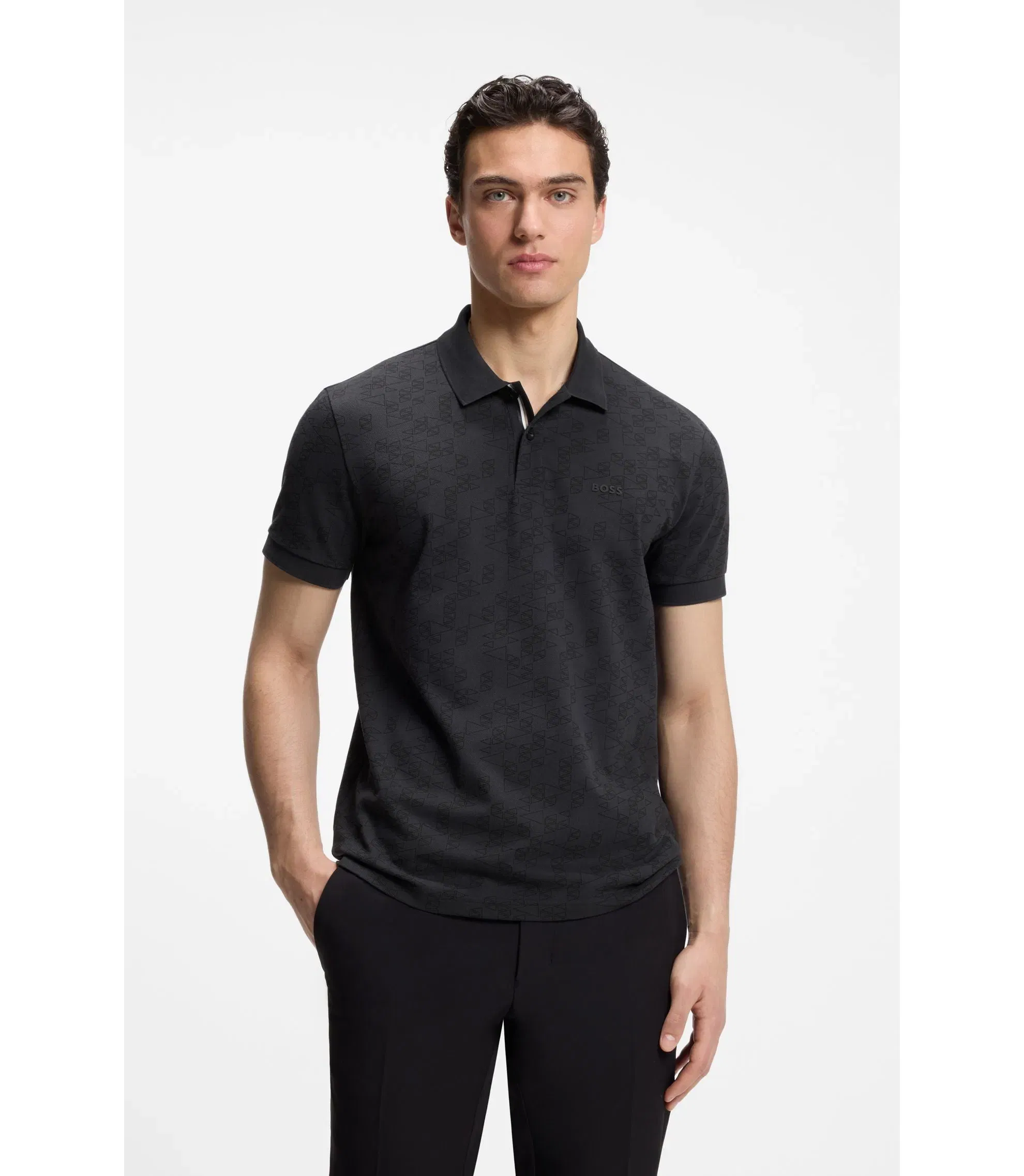 Boss Cotton Piqu Polo Shirt With All Over Print Dark Blue