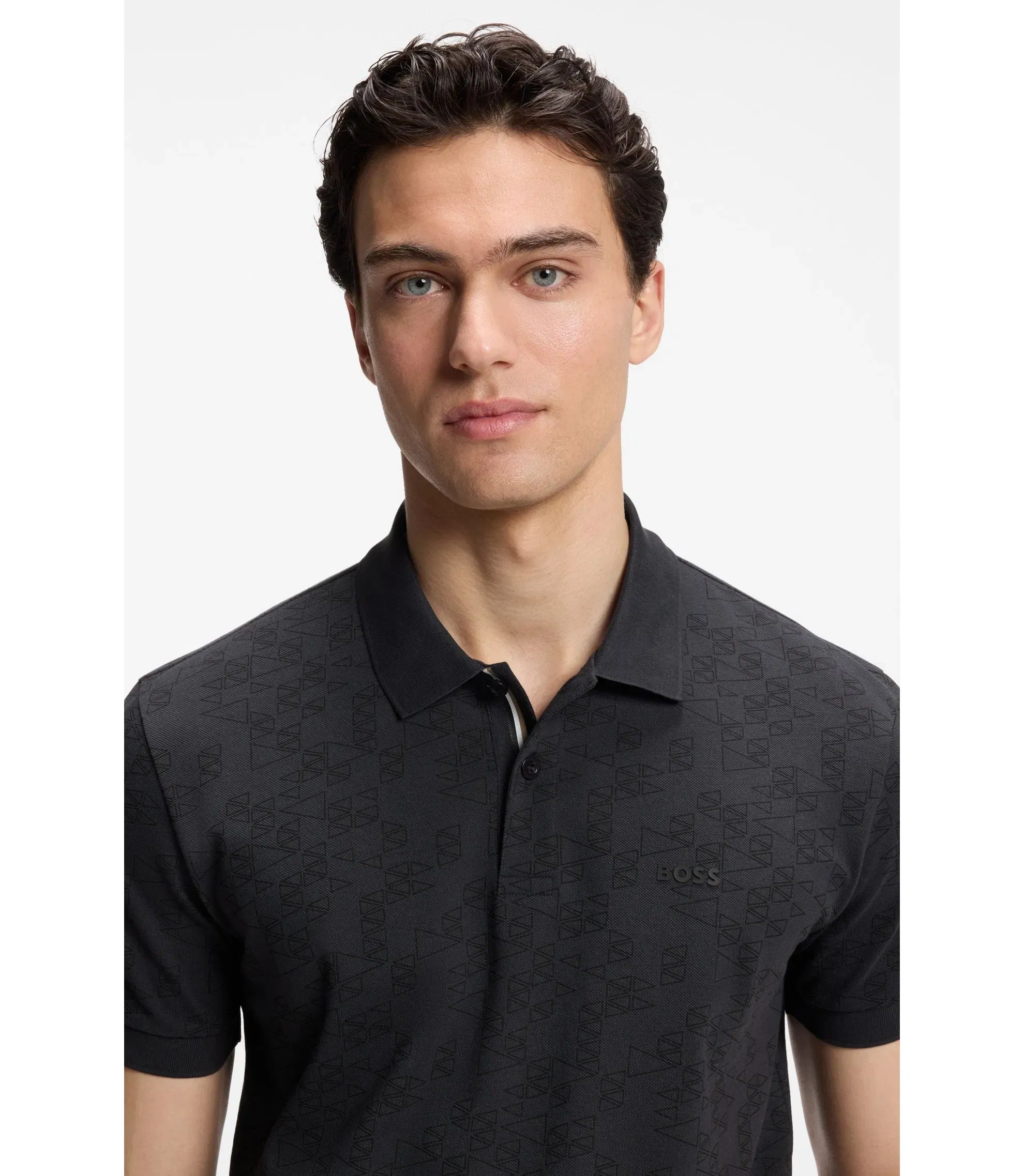 Boss Cotton Piqu Polo Shirt With All Over Print Dark Blue