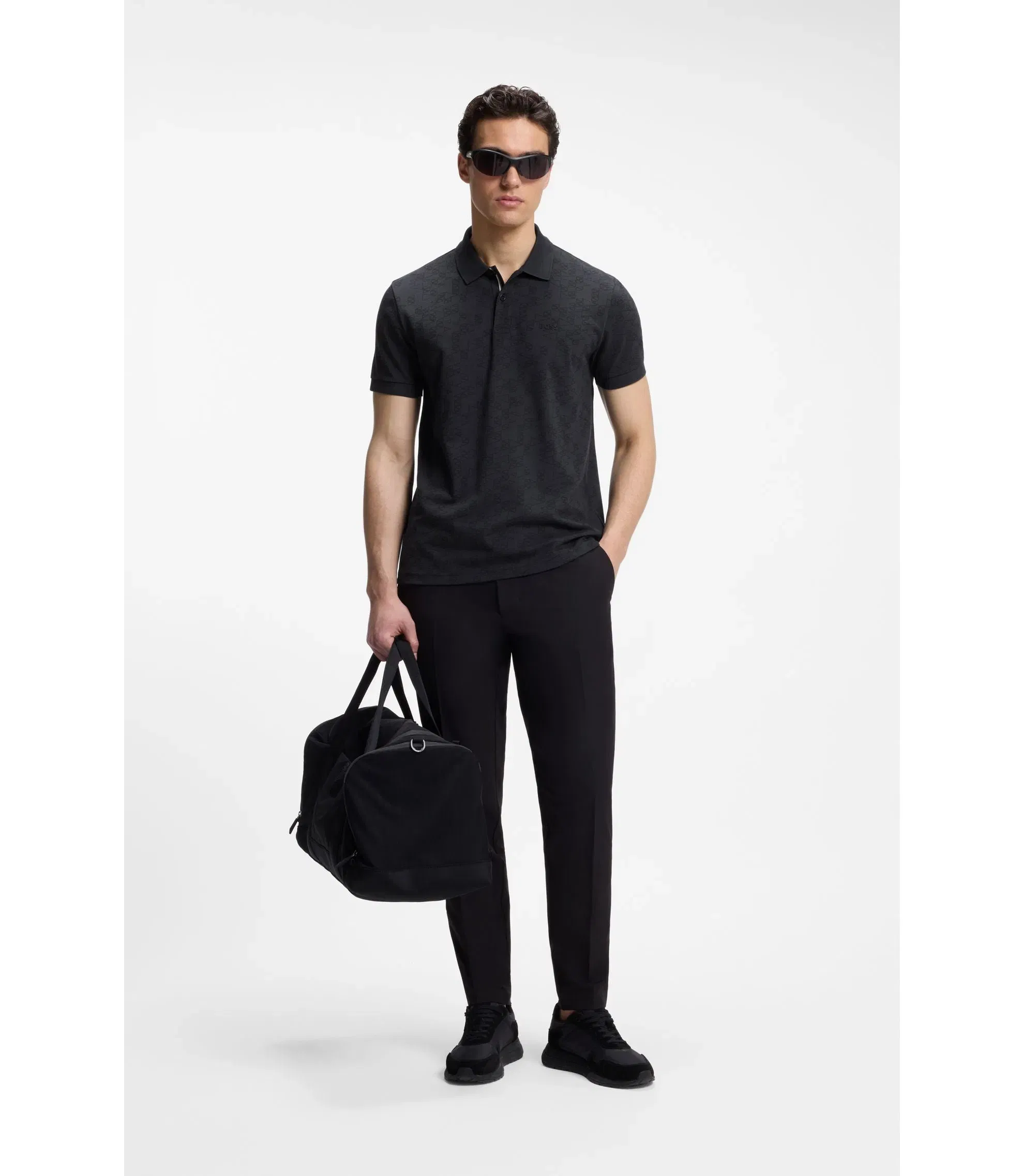 Boss Cotton Piqu Polo Shirt With All Over Print Dark Blue