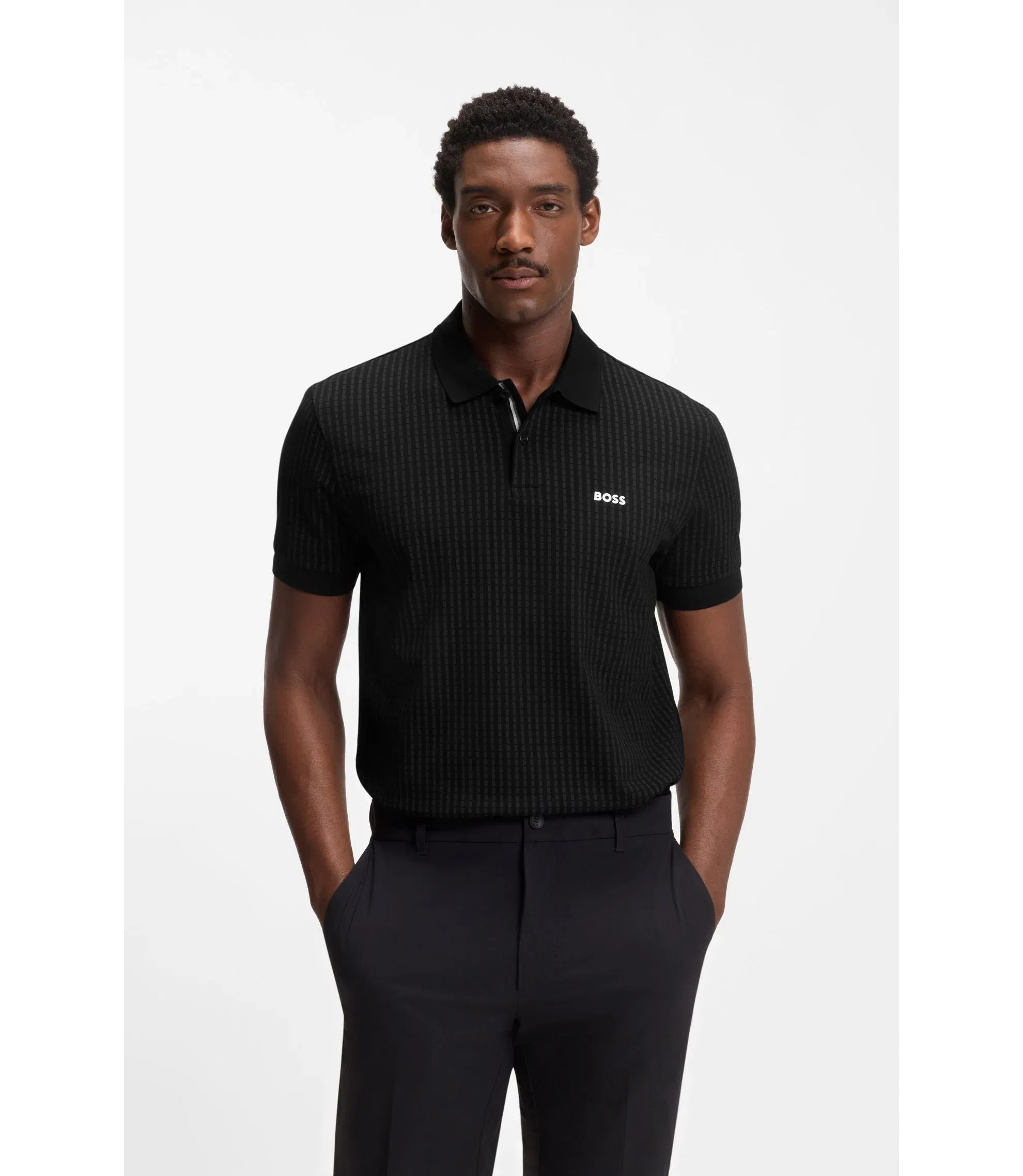 Boss Cotton Piqu Polo Shirt With All Over Print Black