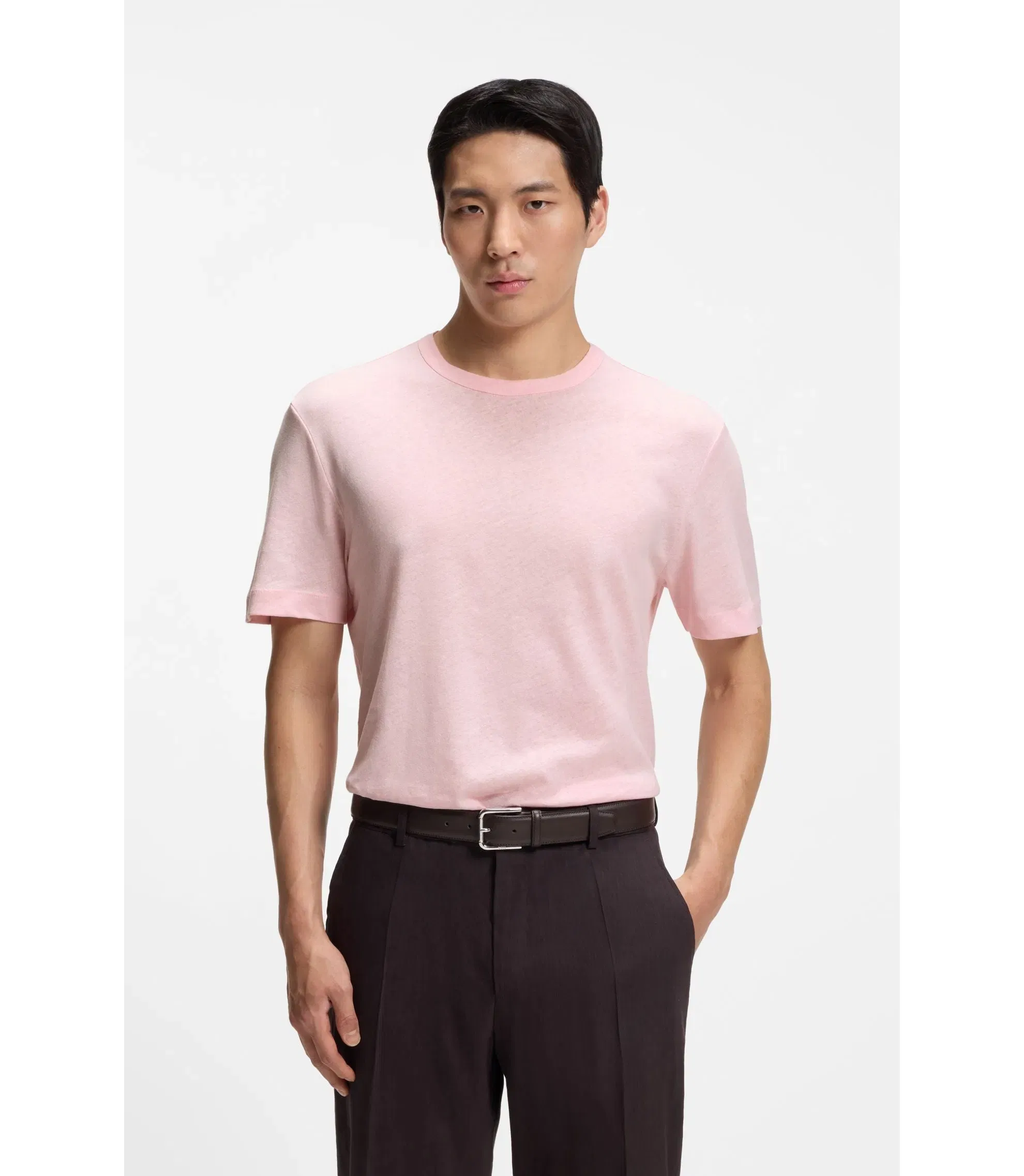 Boss Cotton Linen T-Shirt In A Regular Fit Light Pink