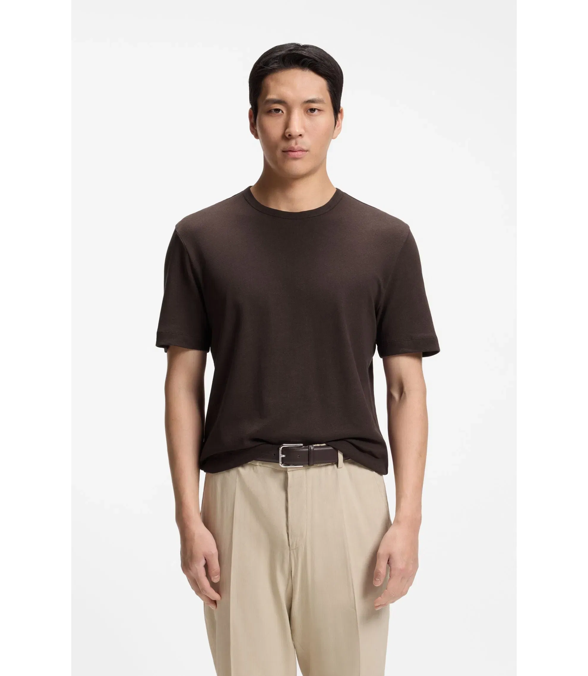Boss Cotton Linen T-Shirt In A Regular Fit Dark Brown