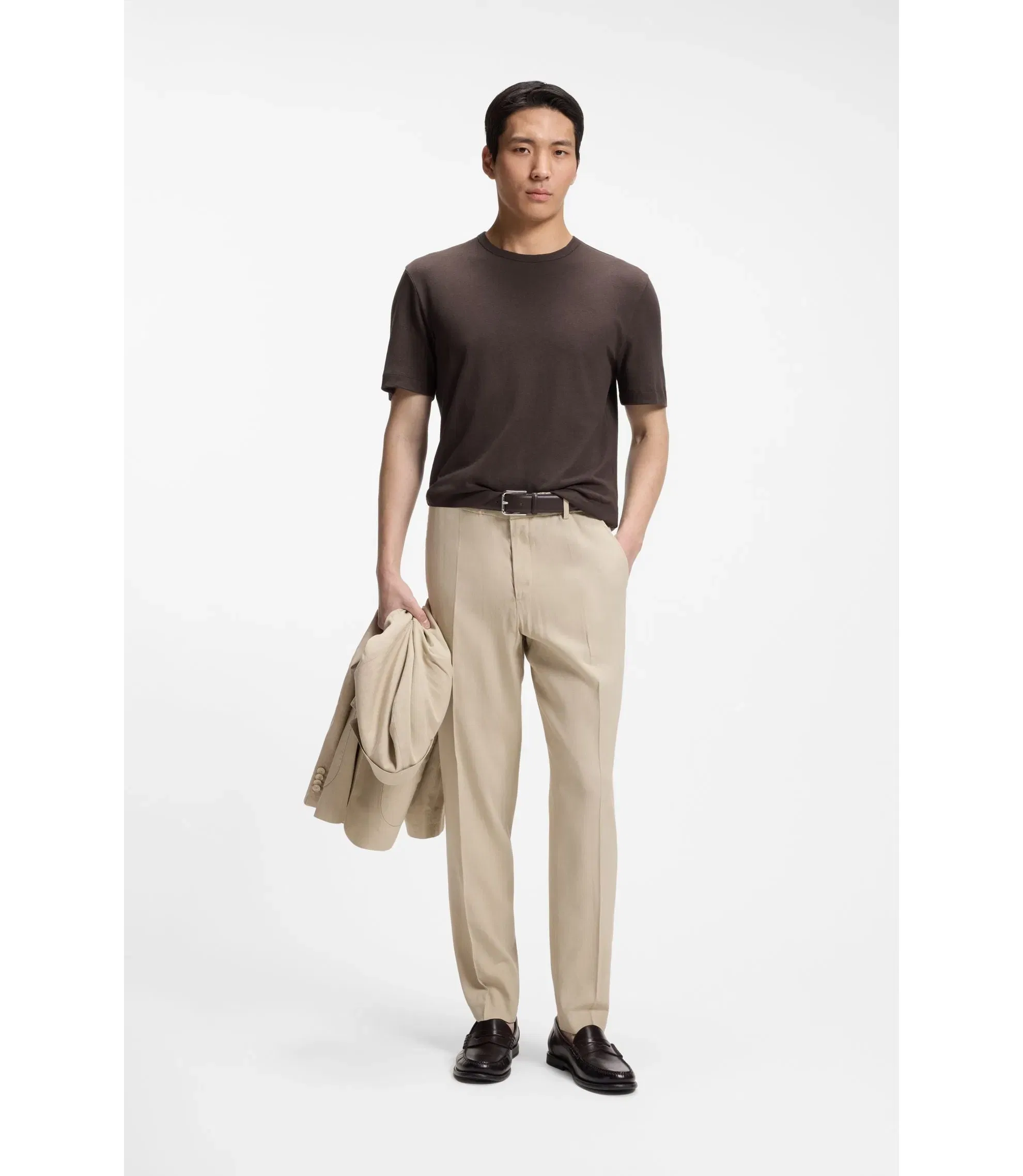 Boss Cotton Linen T-Shirt In A Regular Fit Dark Brown