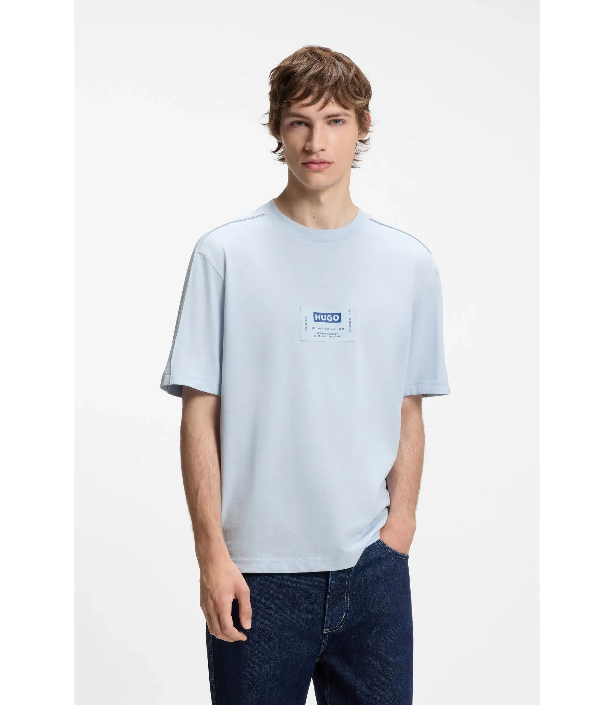 Hugo Cotton Jersey T-Shirt With Workwear Logo Label Light Blue