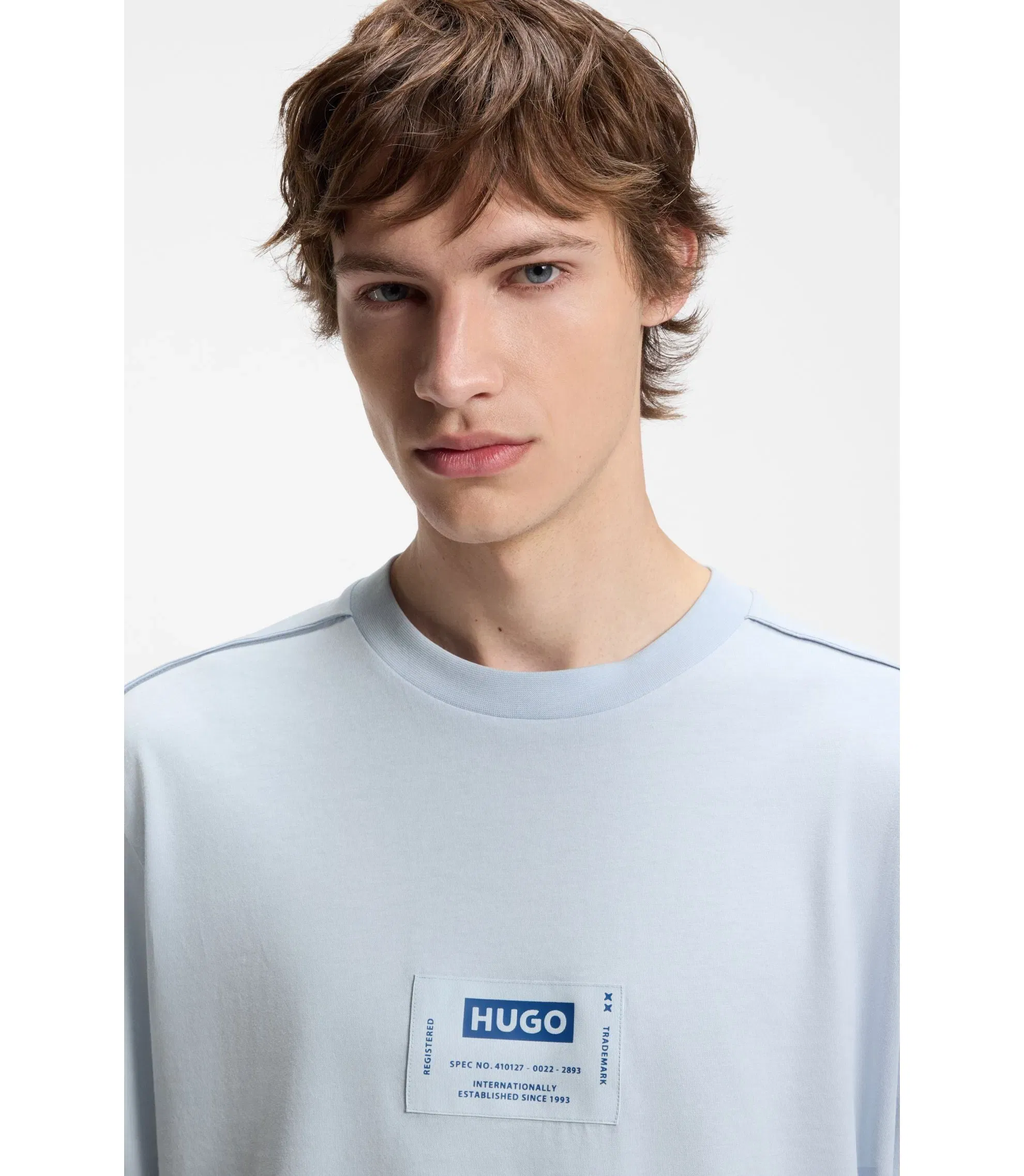 Hugo Cotton Jersey T-Shirt With Workwear Logo Label Light Blue