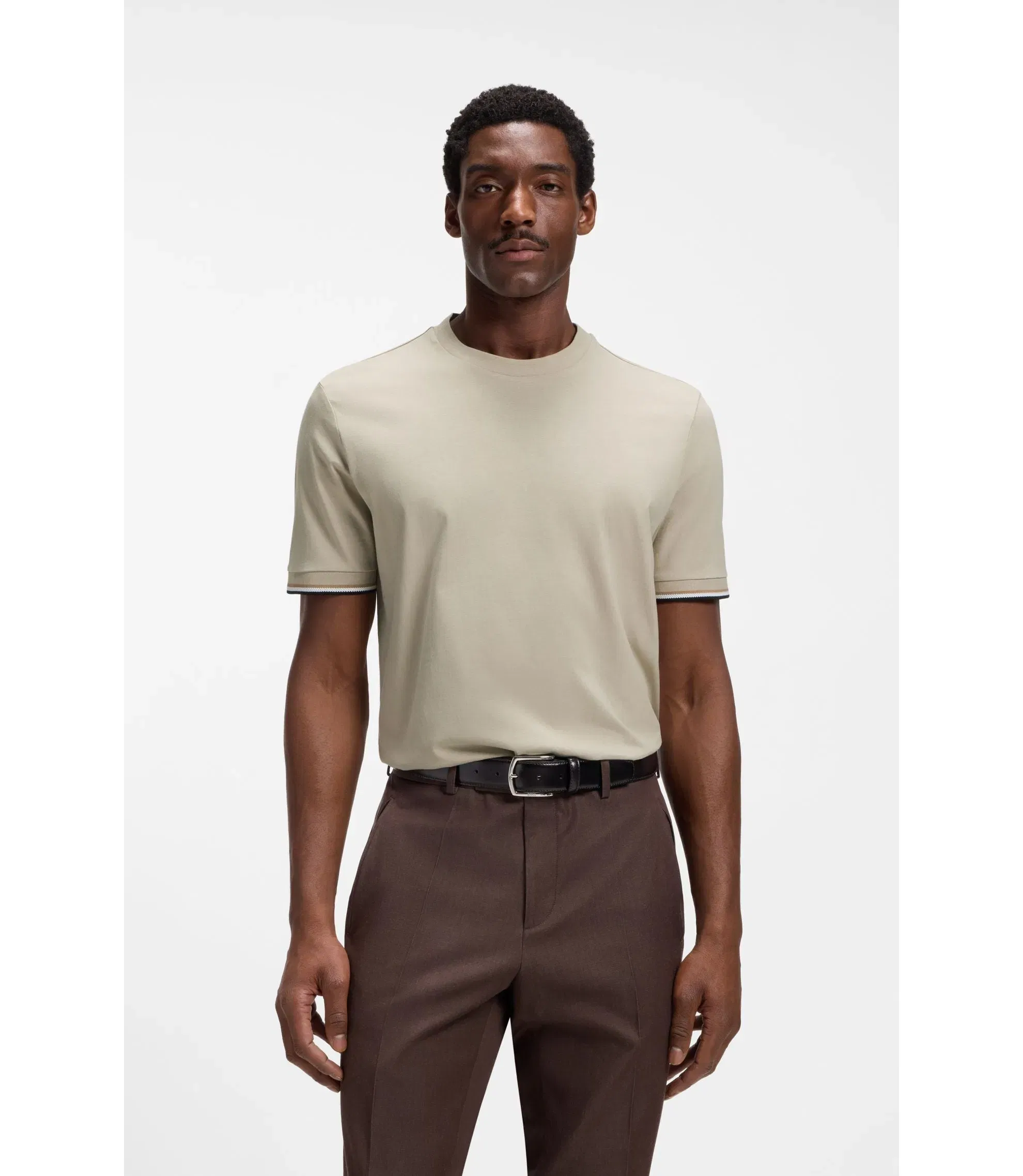 Boss Cotton Jersey T-Shirt With Signature Stripe Cuffs Light Beige
