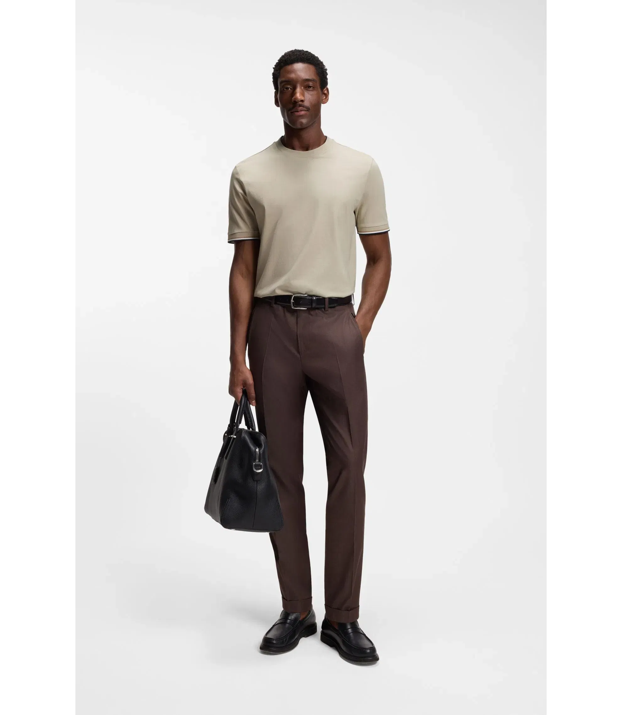 Boss Cotton Jersey T-Shirt With Signature Stripe Cuffs Light Beige