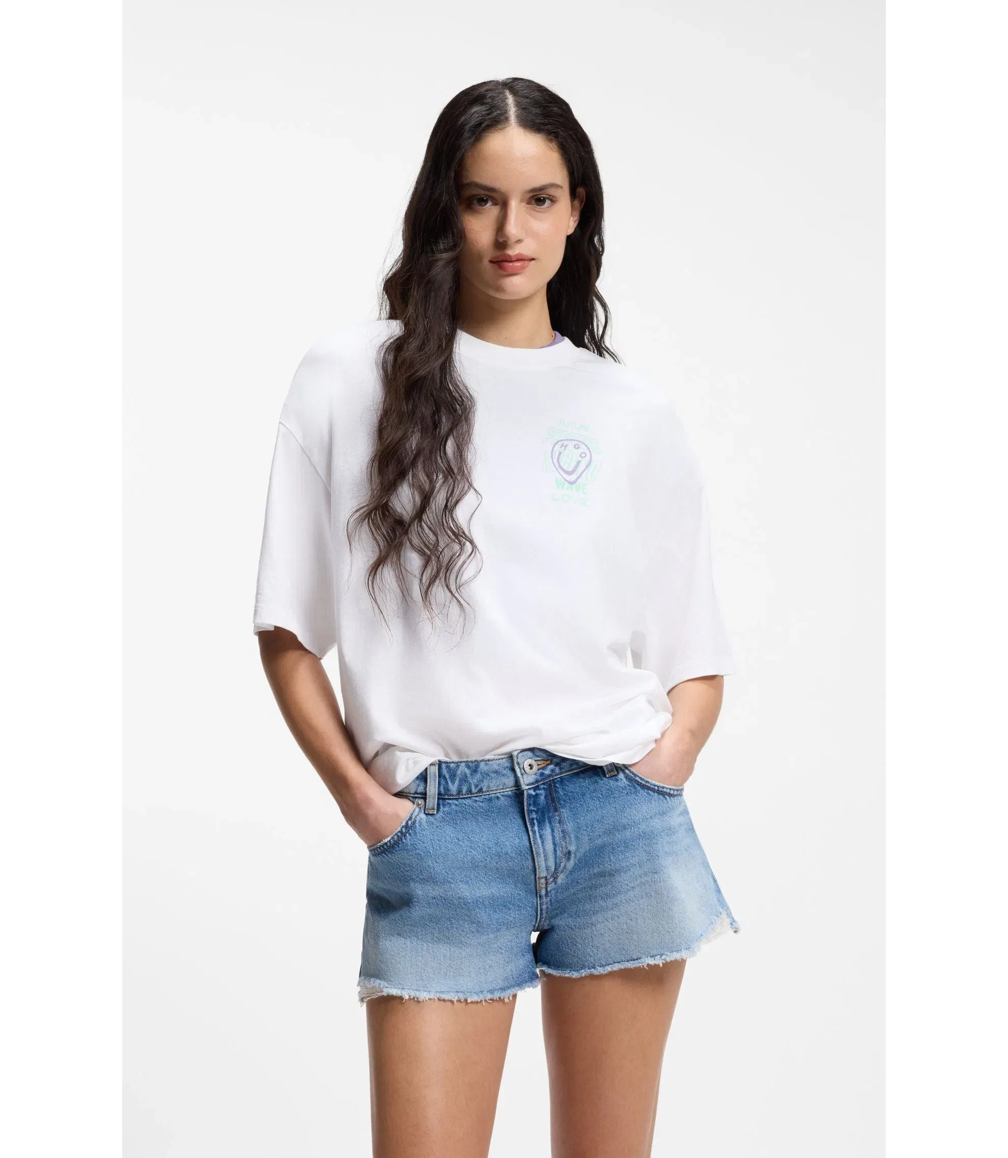 Hugo Cotton Jersey T-Shirt With Printed Artwork White Women's