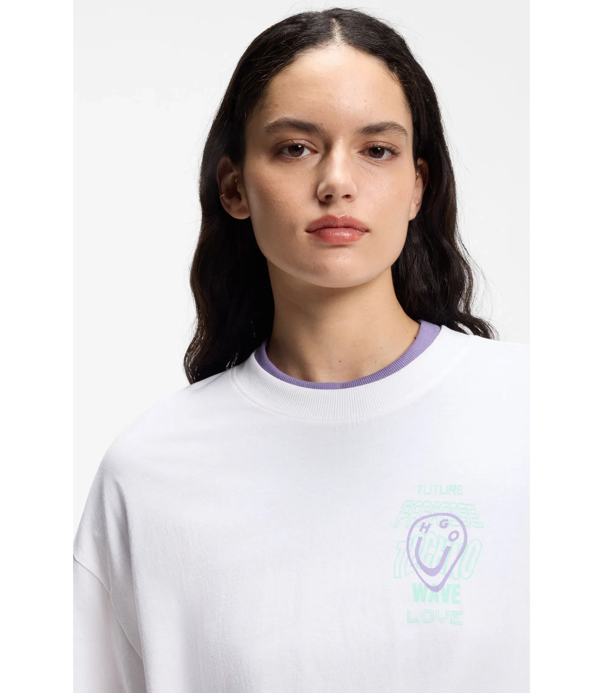 Hugo Cotton Jersey T-Shirt With Printed Artwork White Women's