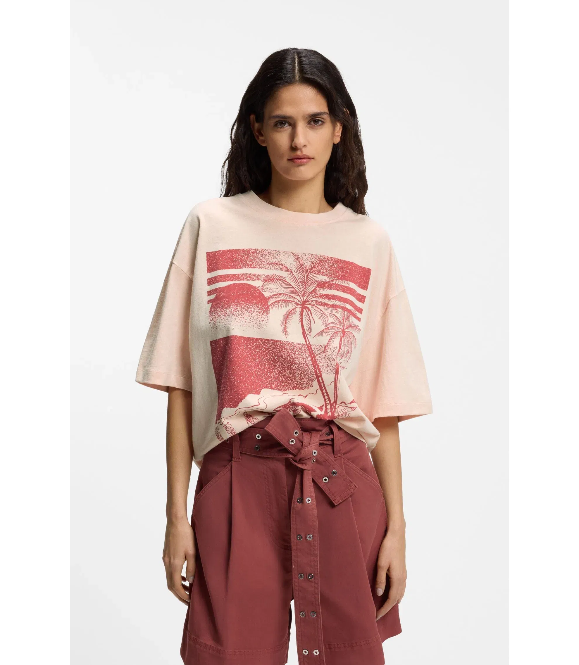 Boss Cotton Jersey T-Shirt With Printed Artwork Light Pink Women's