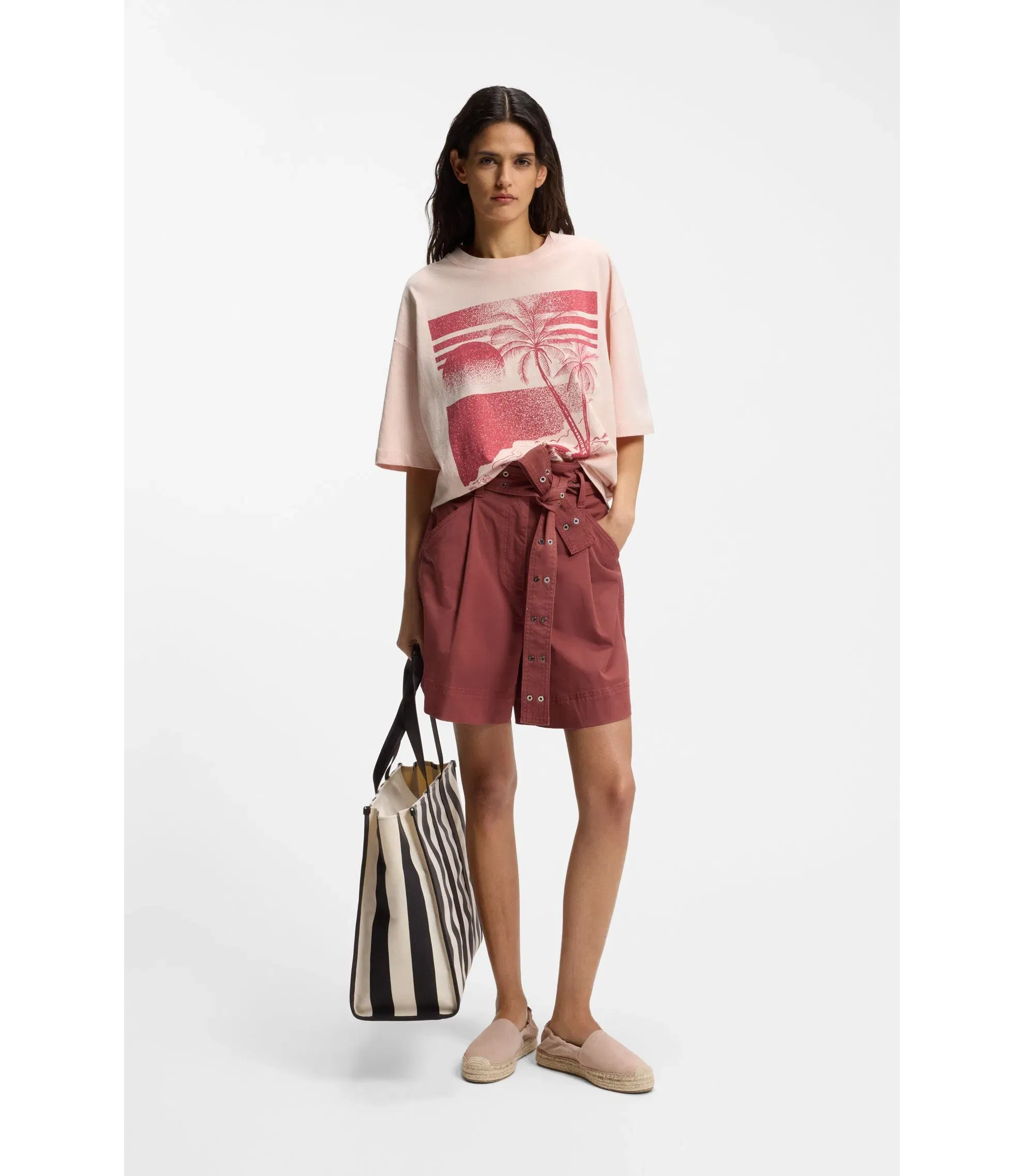 Boss Cotton Jersey T-Shirt With Printed Artwork Light Pink Women's