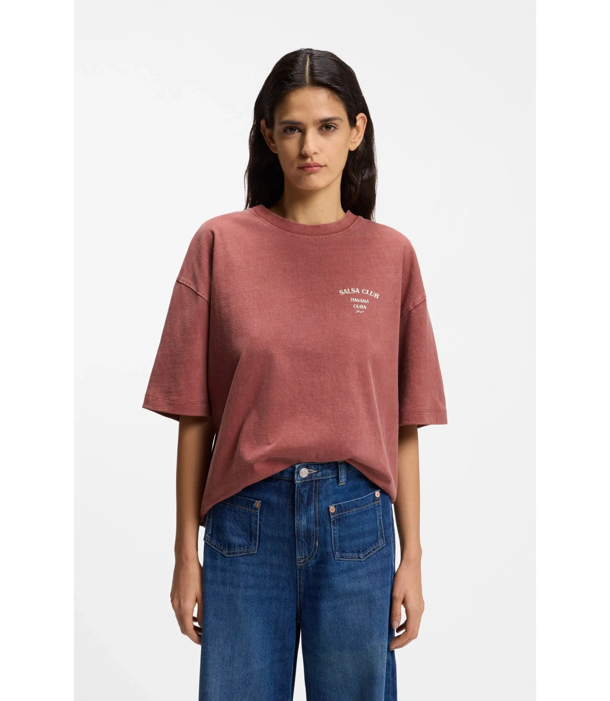 Boss Cotton Jersey T-Shirt With Printed Artwork Dark Red Women's