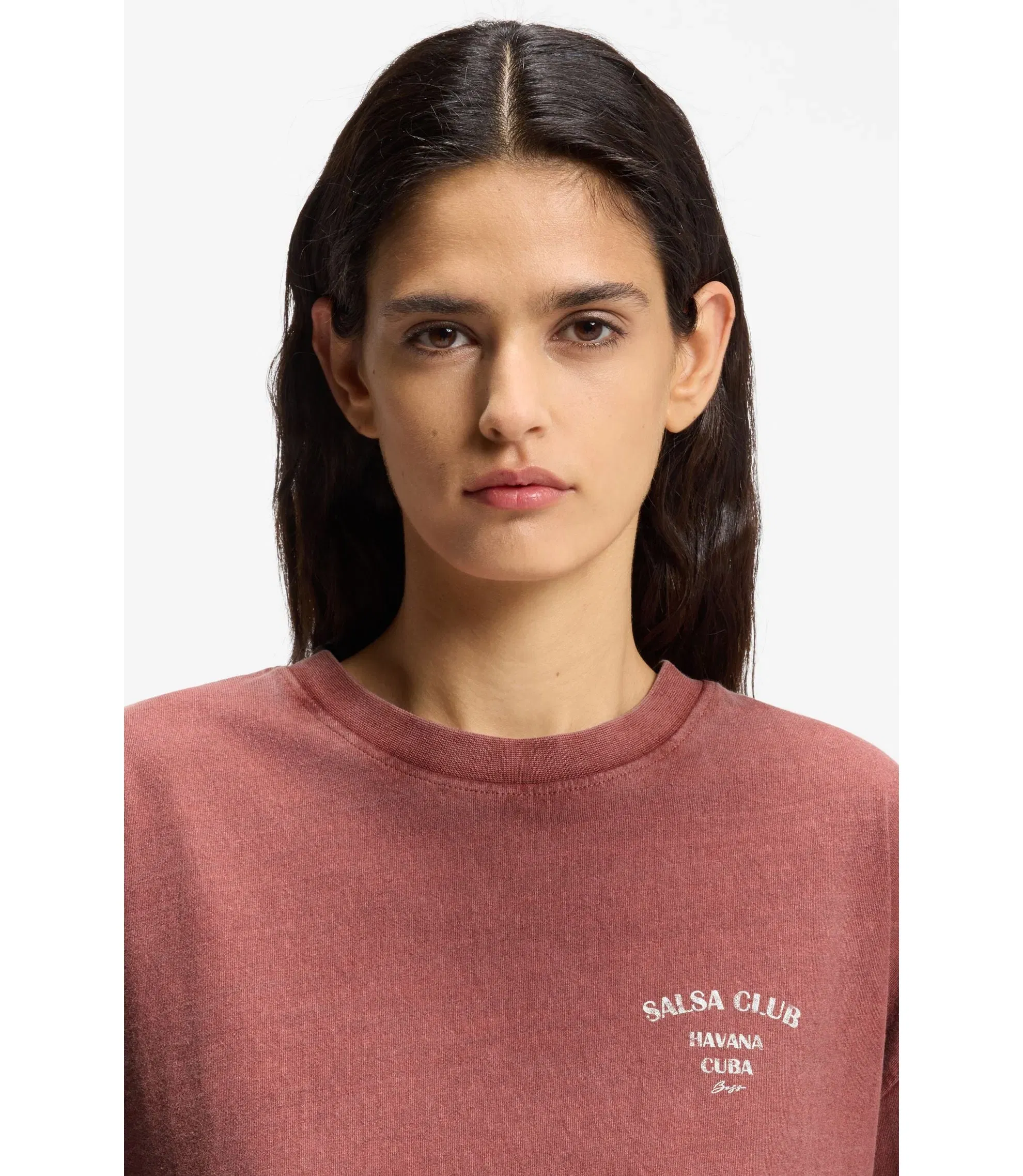 Boss Cotton Jersey T-Shirt With Printed Artwork Dark Red Women's