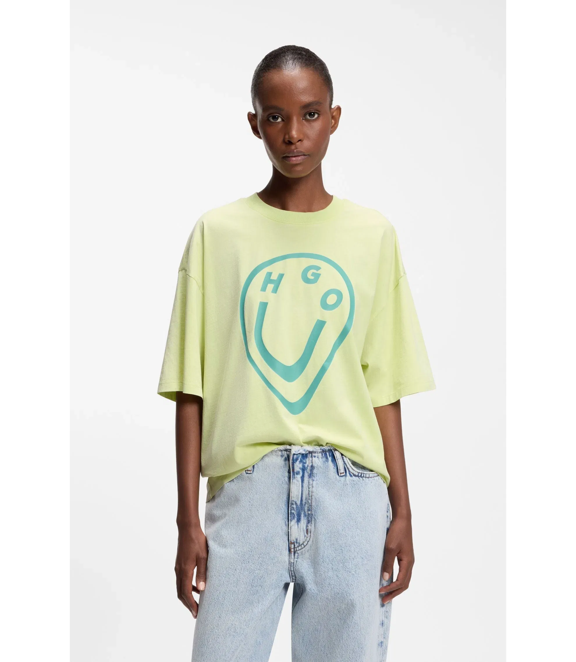 Hugo Cotton Jersey T-Shirt With Melted Effect Happy Hugo Print Green Women's