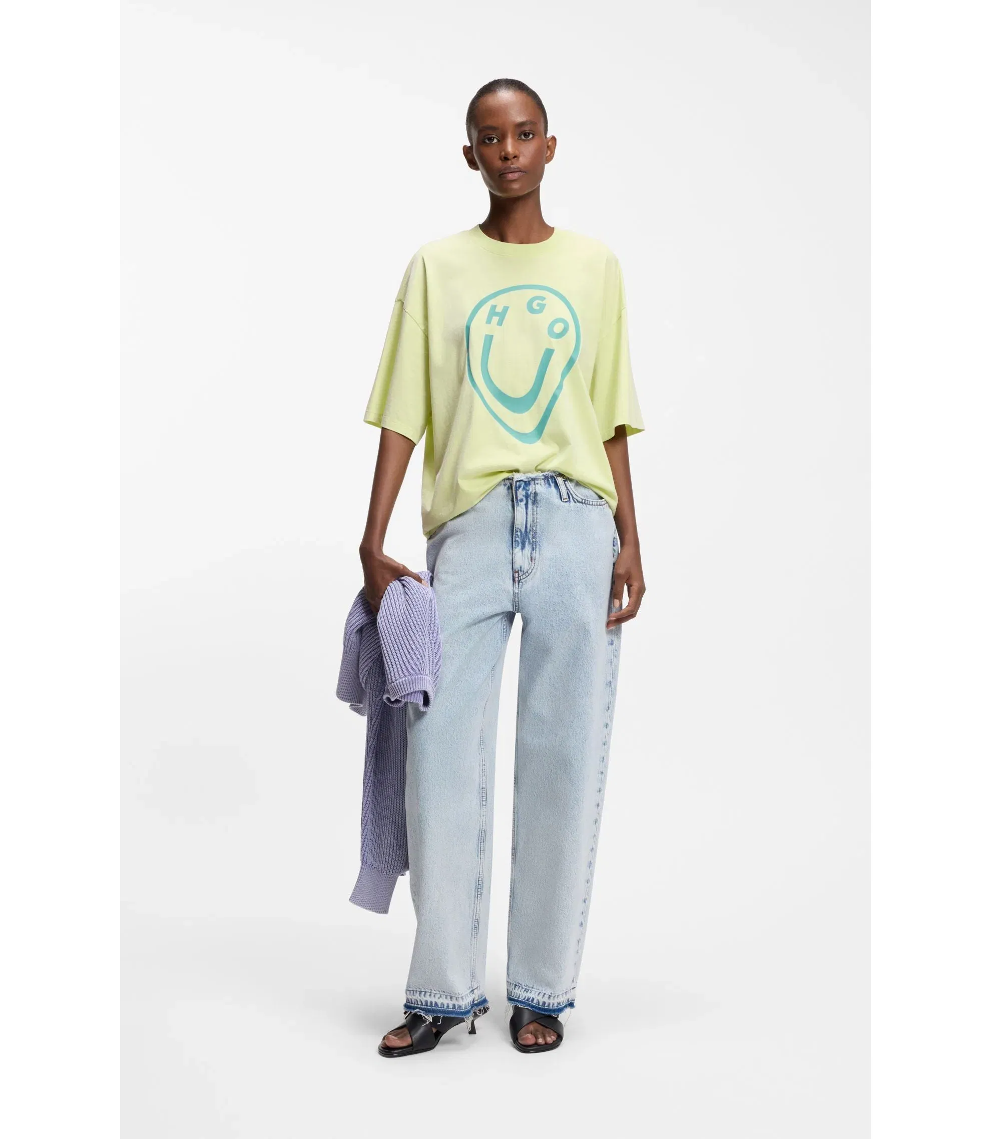Hugo Cotton Jersey T-Shirt With Melted Effect Happy Hugo Print Green Women's