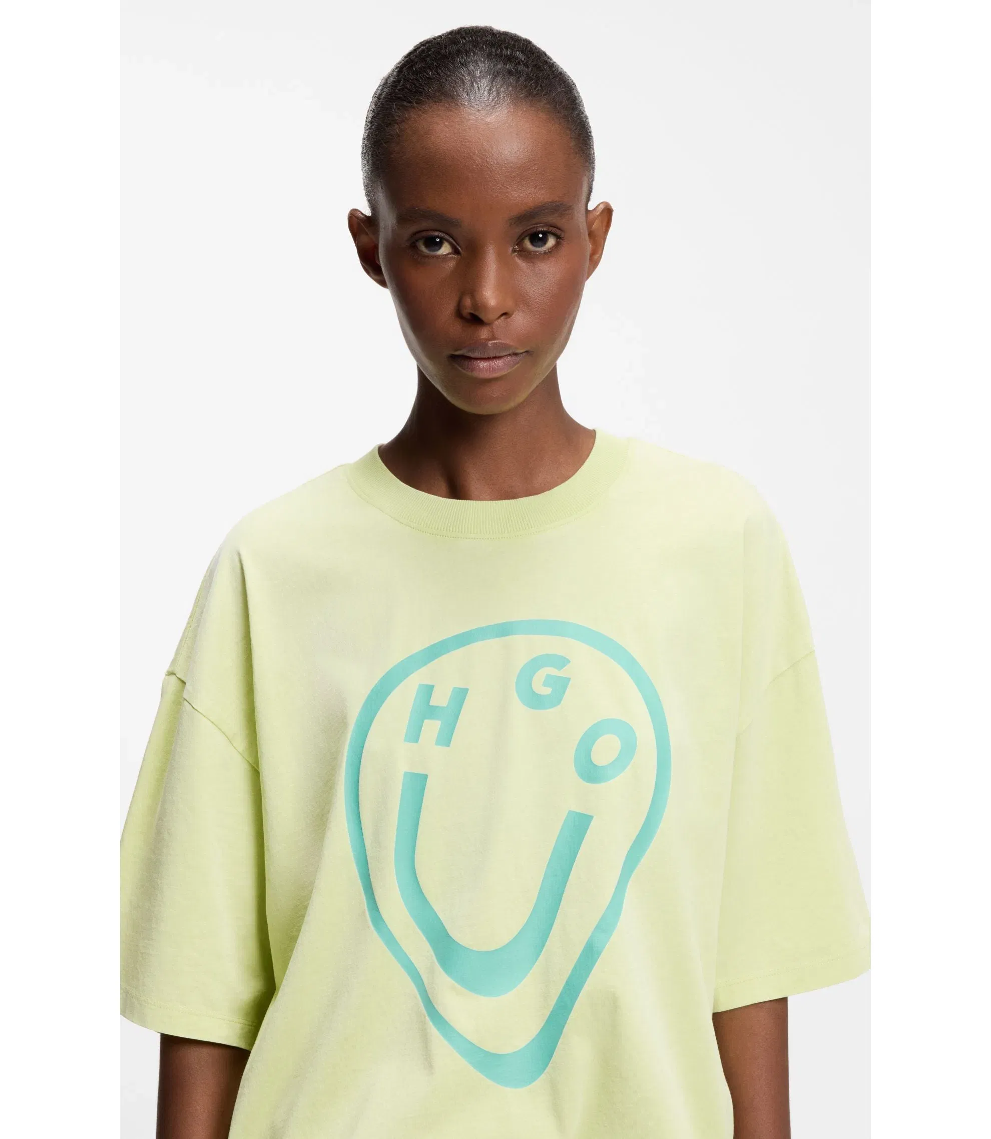 Hugo Cotton Jersey T-Shirt With Melted Effect Happy Hugo Print Green Women's