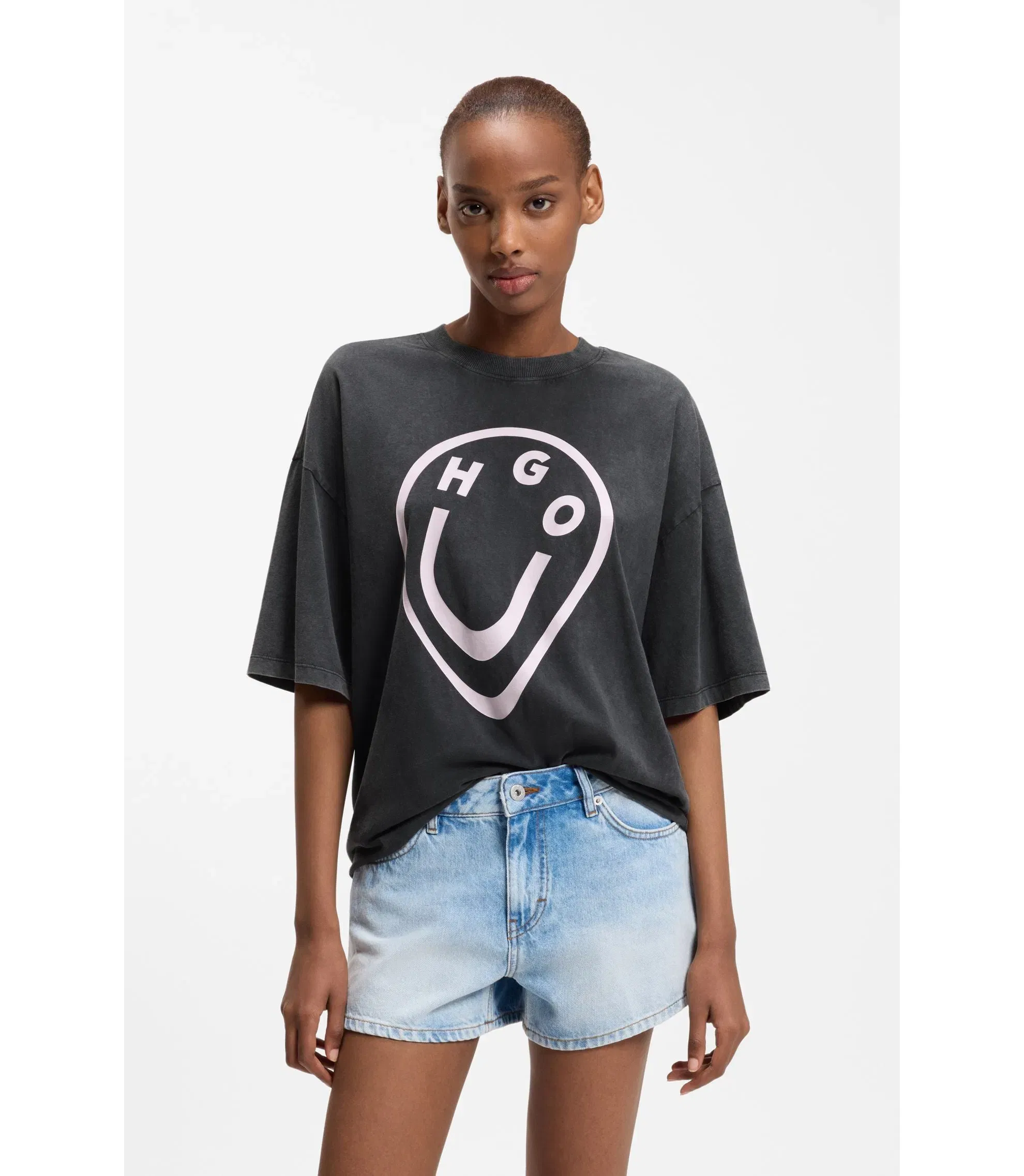 Hugo Cotton Jersey T-Shirt With Melted Effect Happy Hugo Print Black Women's
