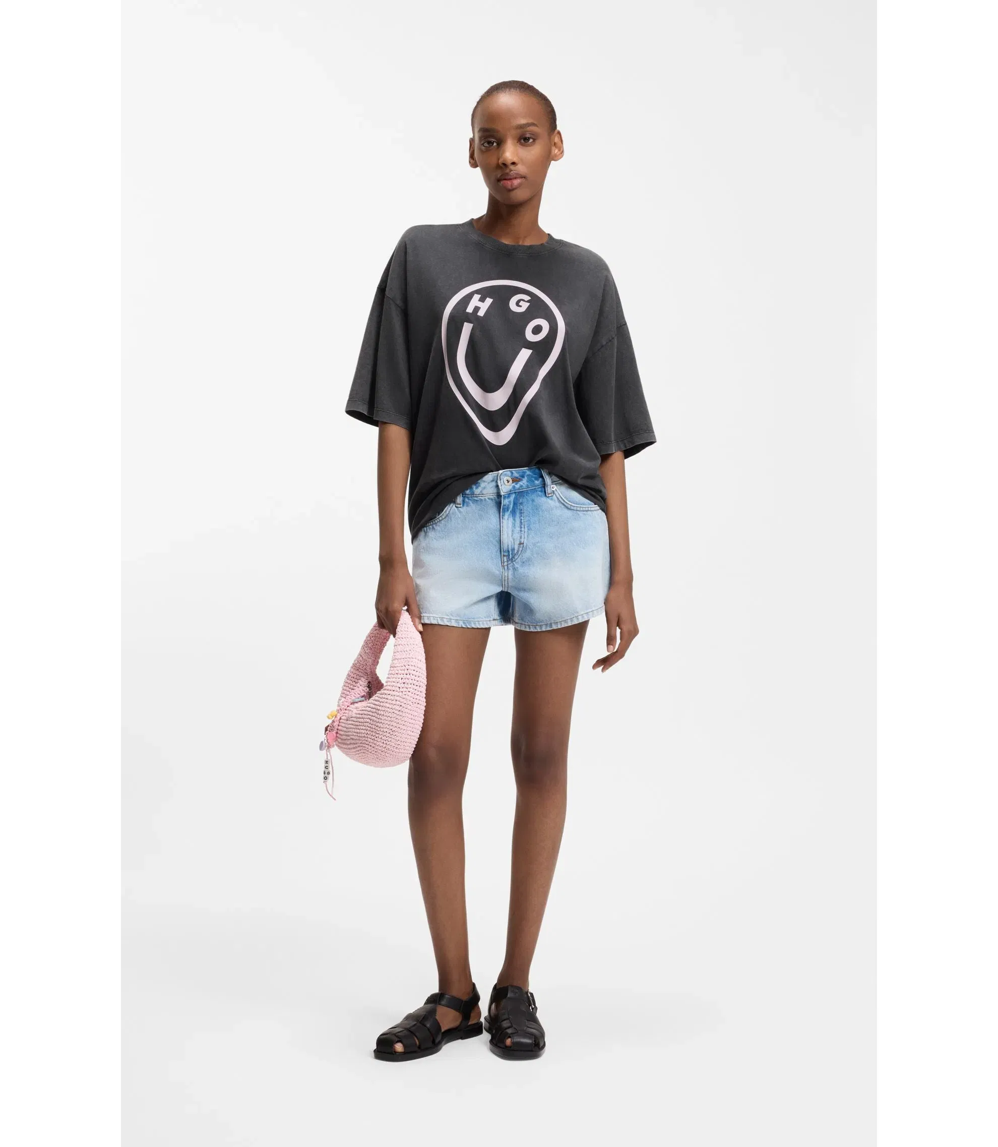 Hugo Cotton Jersey T-Shirt With Melted Effect Happy Hugo Print Black Women's