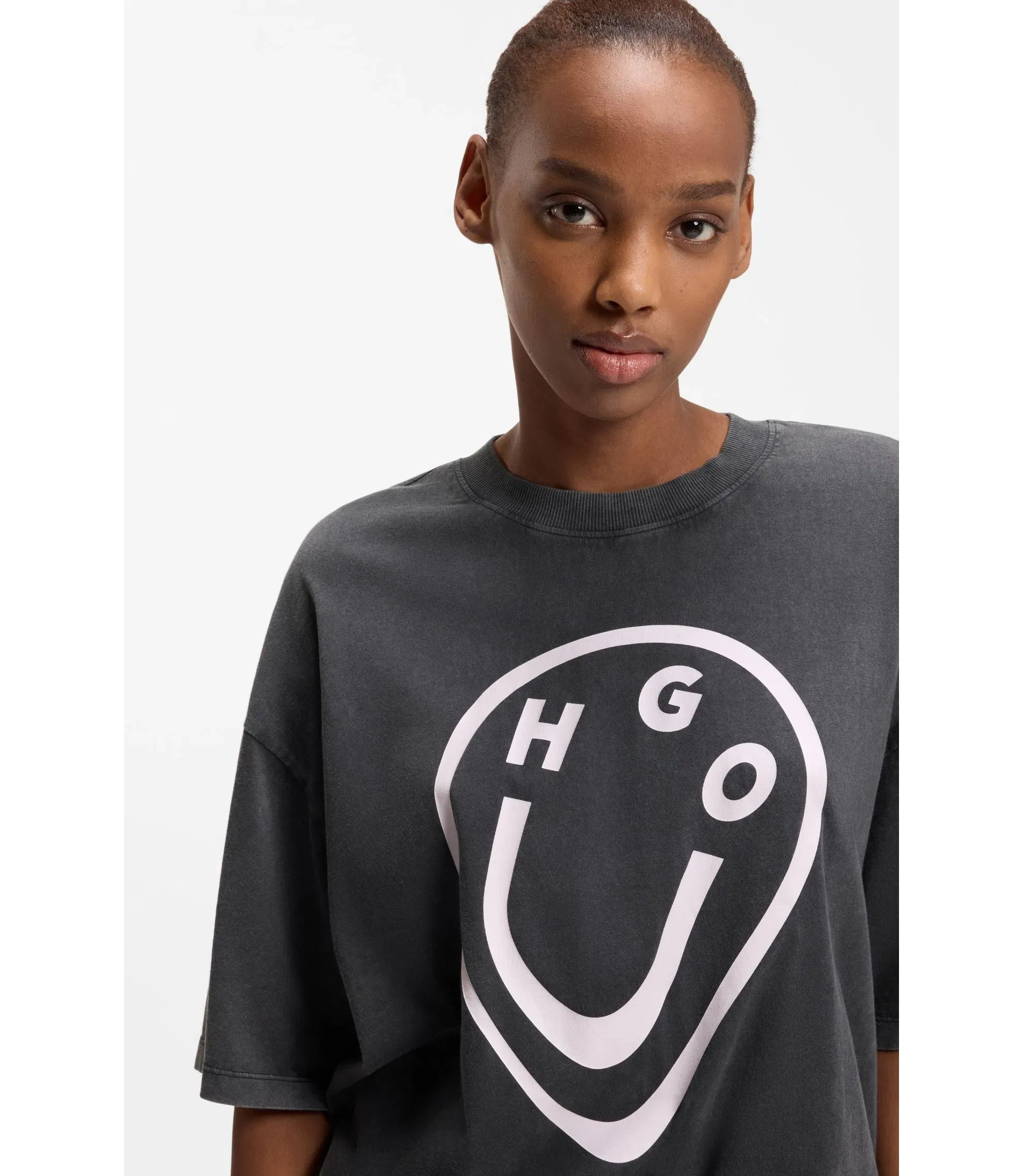 Hugo Cotton Jersey T-Shirt With Melted Effect Happy Hugo Print Black Women's