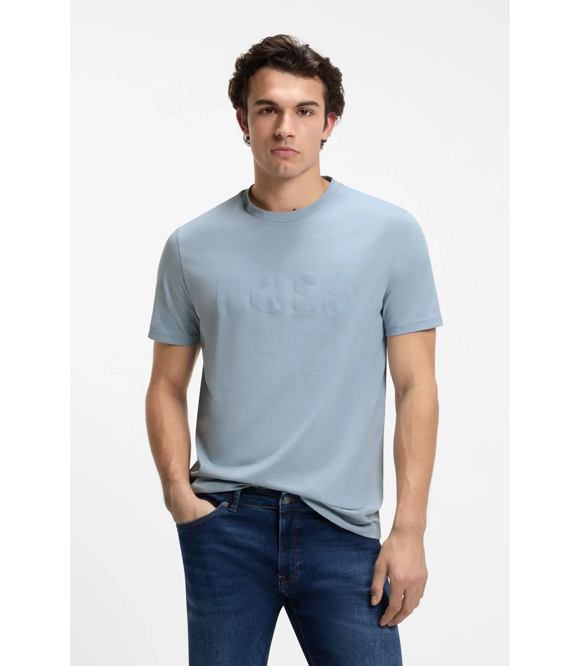Boss Cotton Jersey T-Shirt With Large Logo Print Light Blue