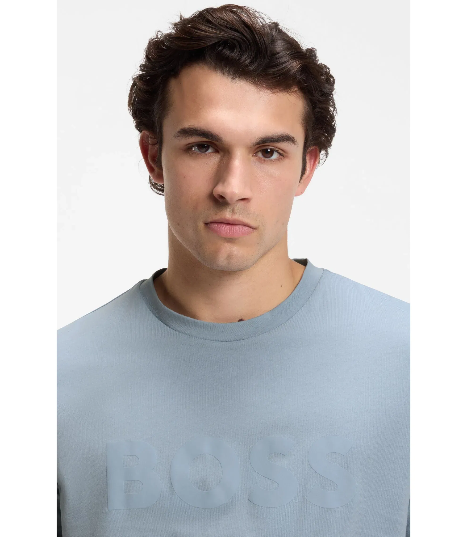 Boss Cotton Jersey T-Shirt With Large Logo Print Light Blue
