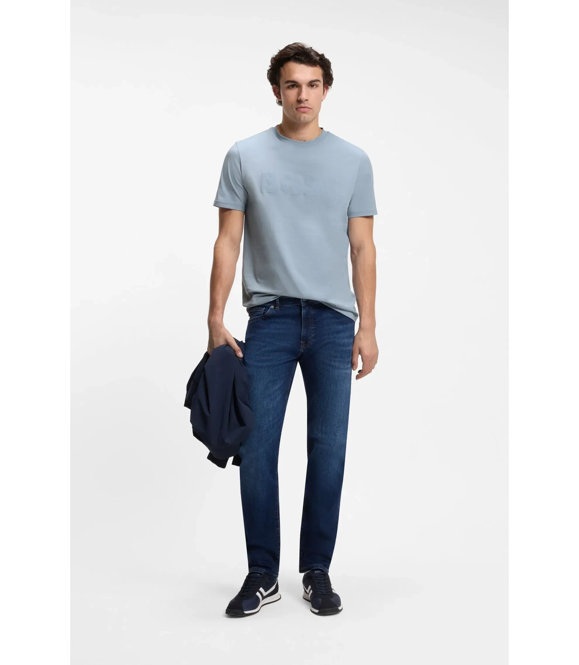 Boss Cotton Jersey T-Shirt With Large Logo Print Light Blue