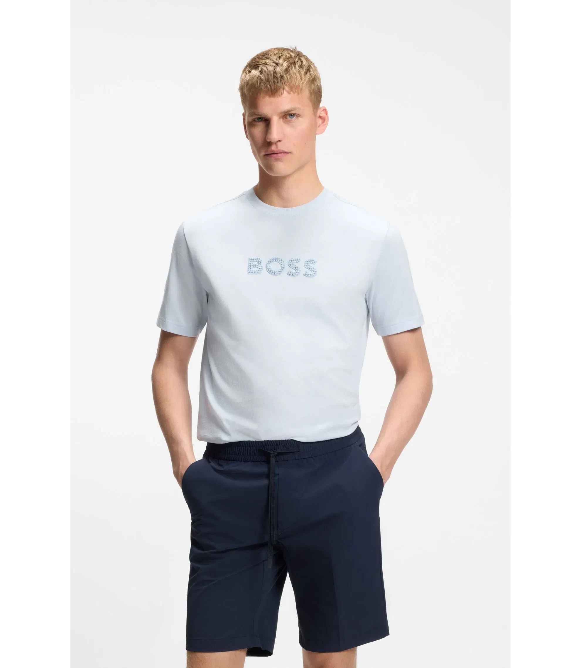Boss Cotton Jersey T-Shirt With Golf Inspired Logo Light Blue