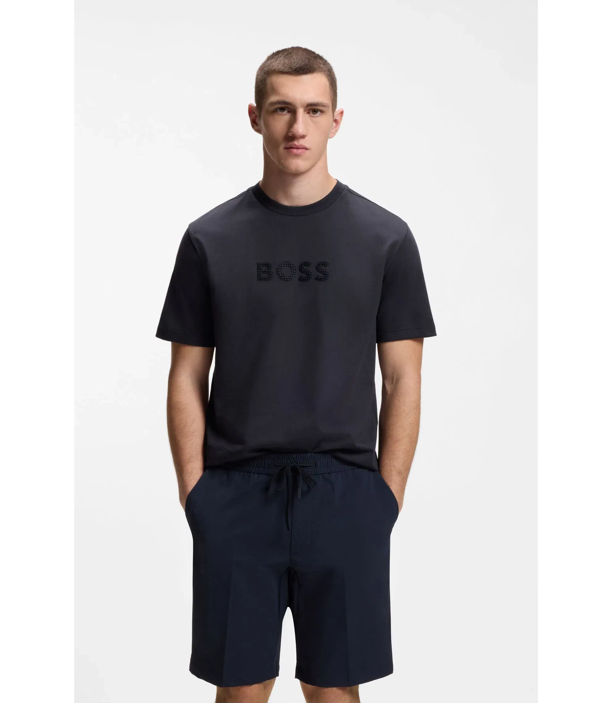 Boss Cotton Jersey T-Shirt With Golf Inspired Logo Dark Blue