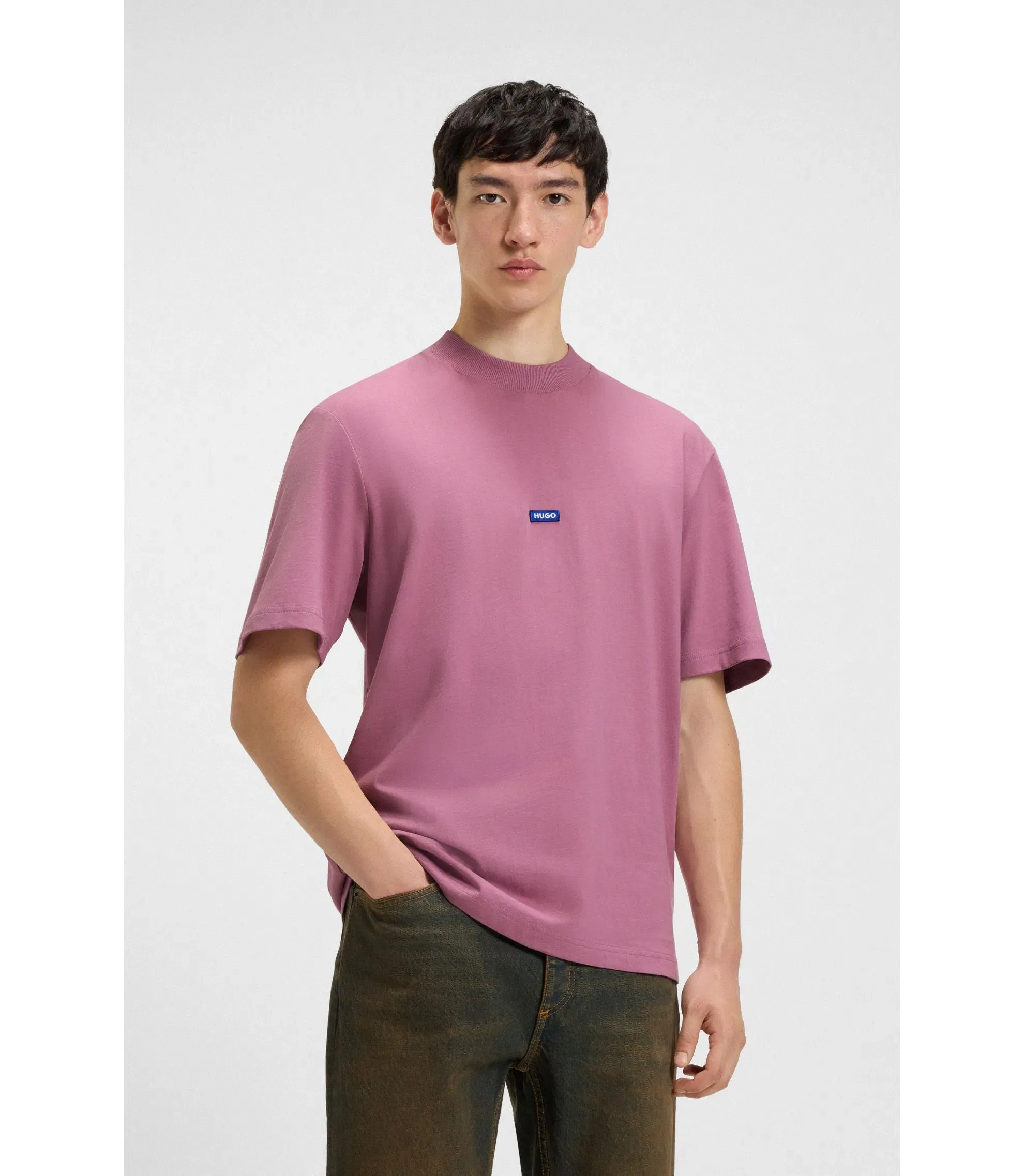 Hugo Cotton Jersey T-Shirt With Blue Logo Patch Dark Pink