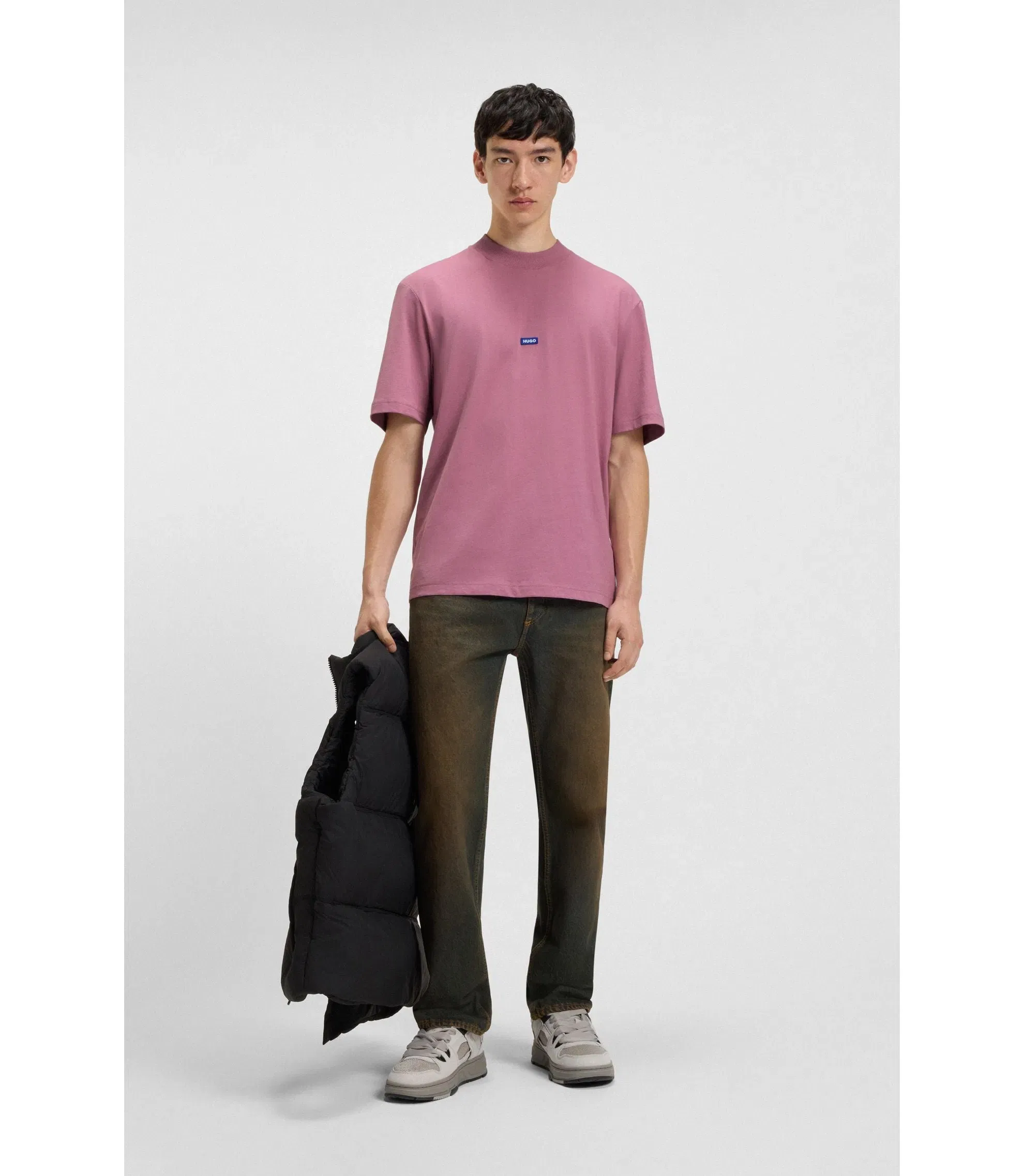 Hugo Cotton Jersey T-Shirt With Blue Logo Patch Dark Pink