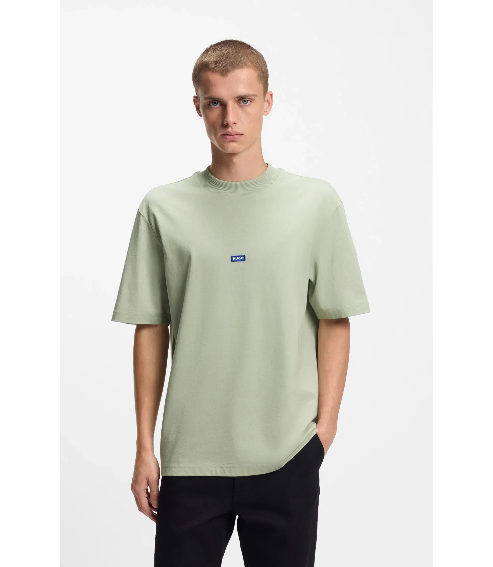 Hugo Cotton Jersey T-Shirt With Blue Logo Patch Light Green