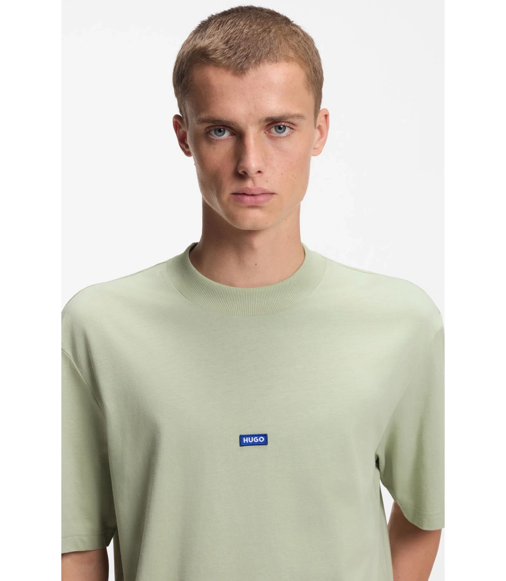 Hugo Cotton Jersey T-Shirt With Blue Logo Patch Light Green