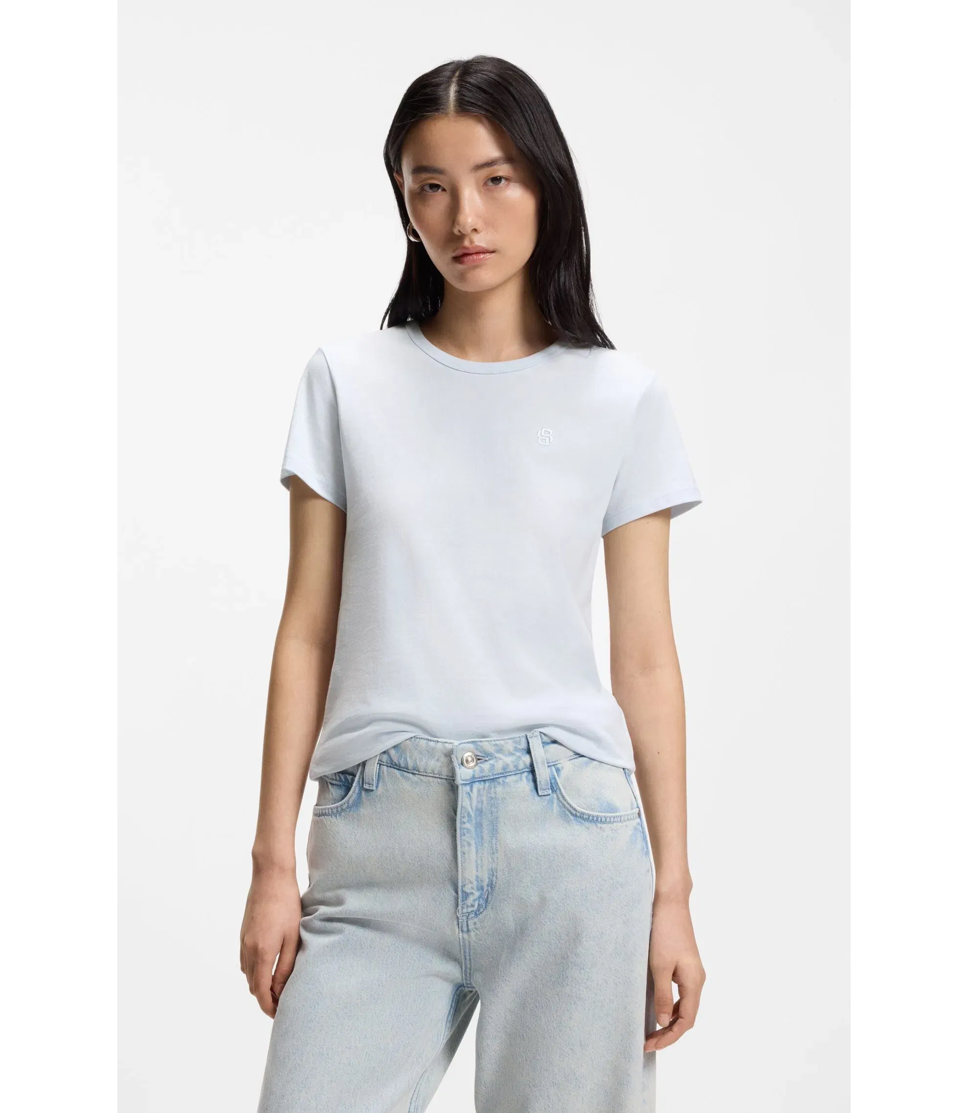 Boss Cotton Jersey Slim Fit T-Shirt With Double B Monogram Light Blue Women's