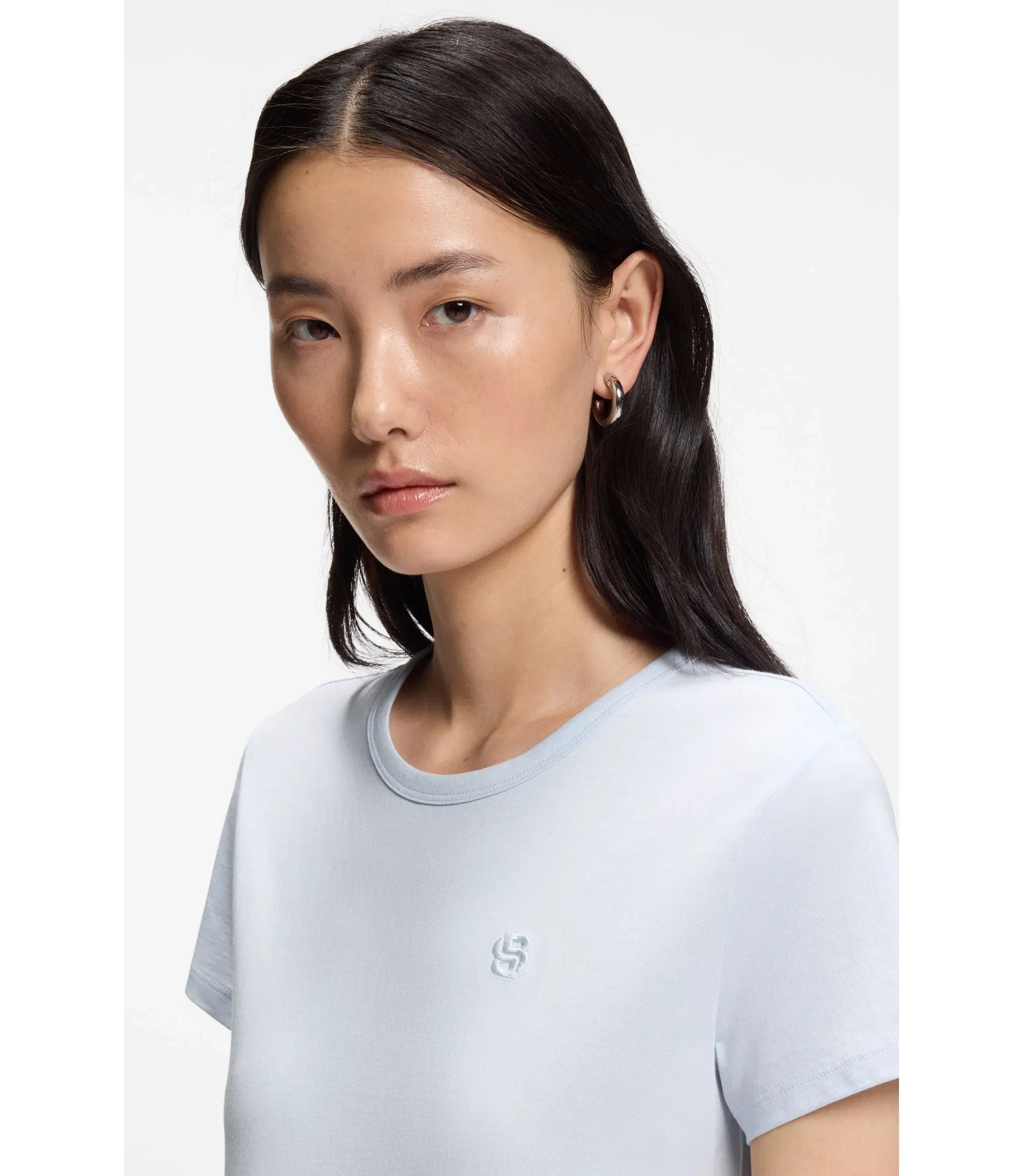 Boss Cotton Jersey Slim Fit T-Shirt With Double B Monogram Light Blue Women's