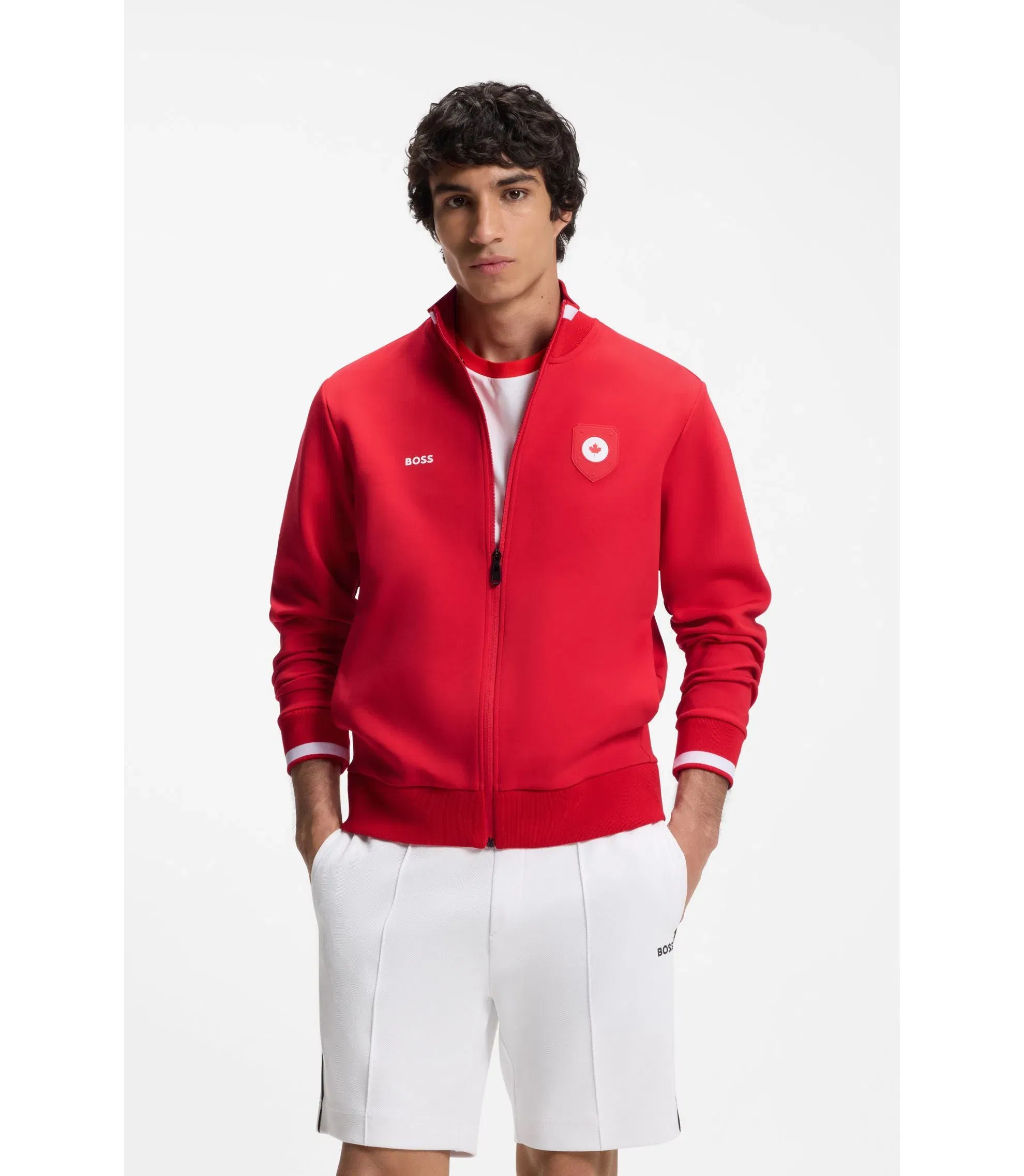 Boss Cotton Blend Zip Up Sweatshirt With Country Flag Badge Canada
