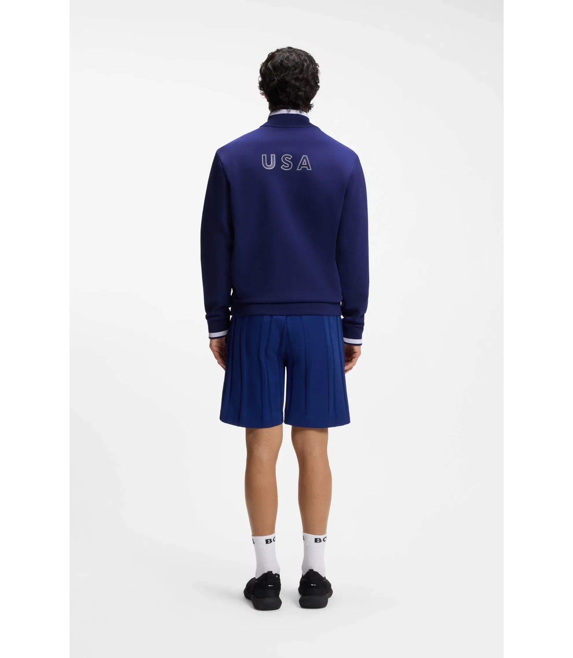 Boss Cotton Blend Zip Up Sweatshirt With Country Flag Badge Usa