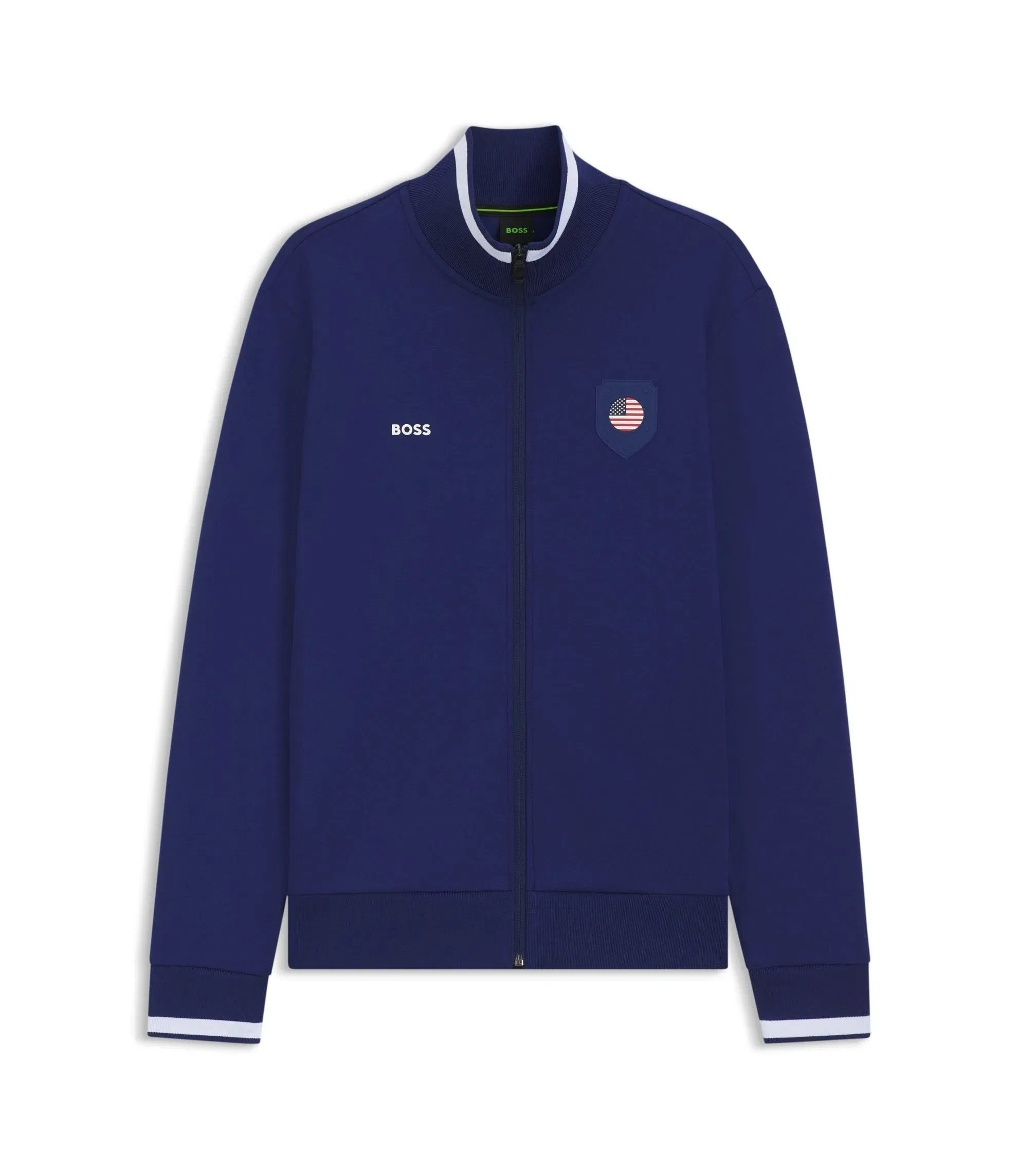Boss Cotton Blend Zip Up Sweatshirt With Country Flag Badge Usa