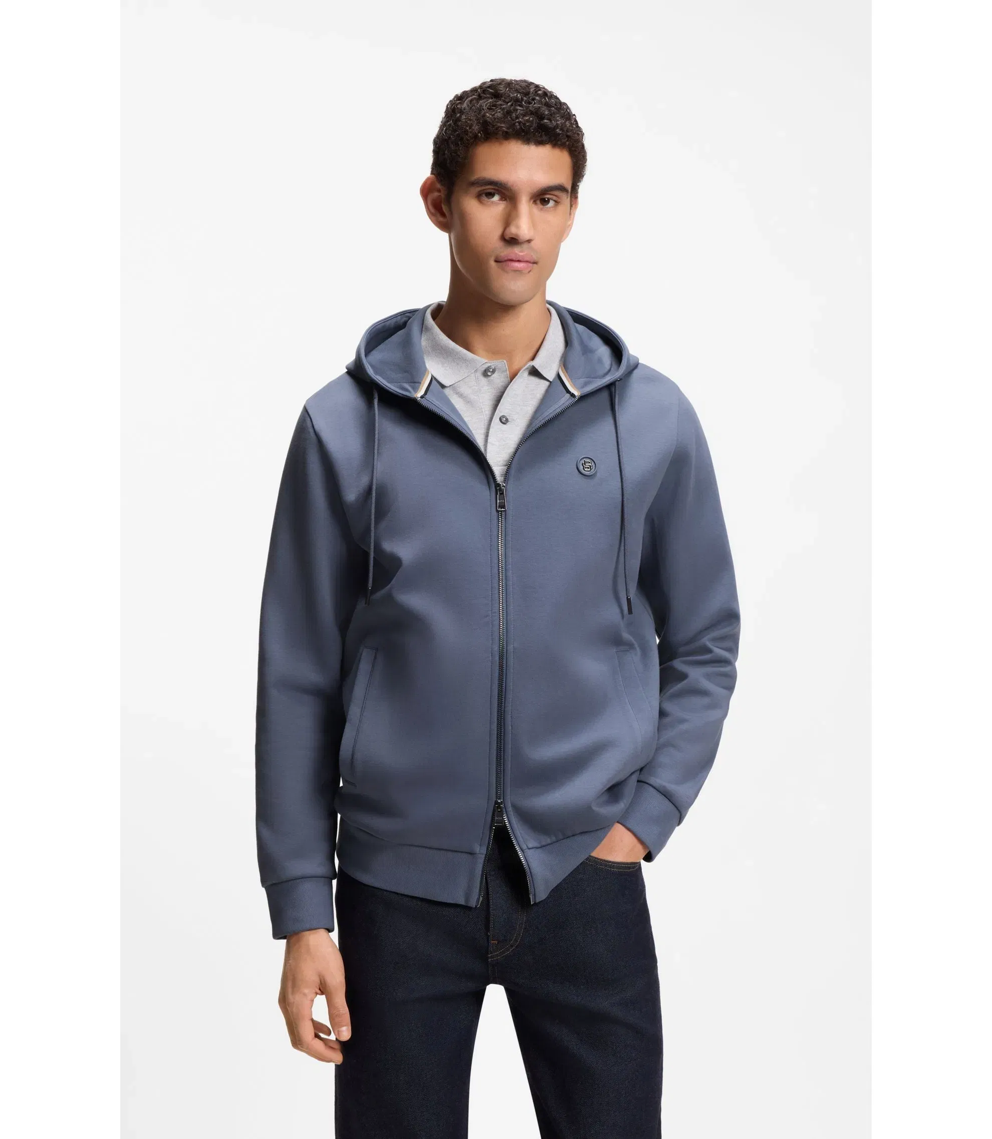Boss Cotton Blend Zip Up Hoodie With Double B Monogram Light Blue